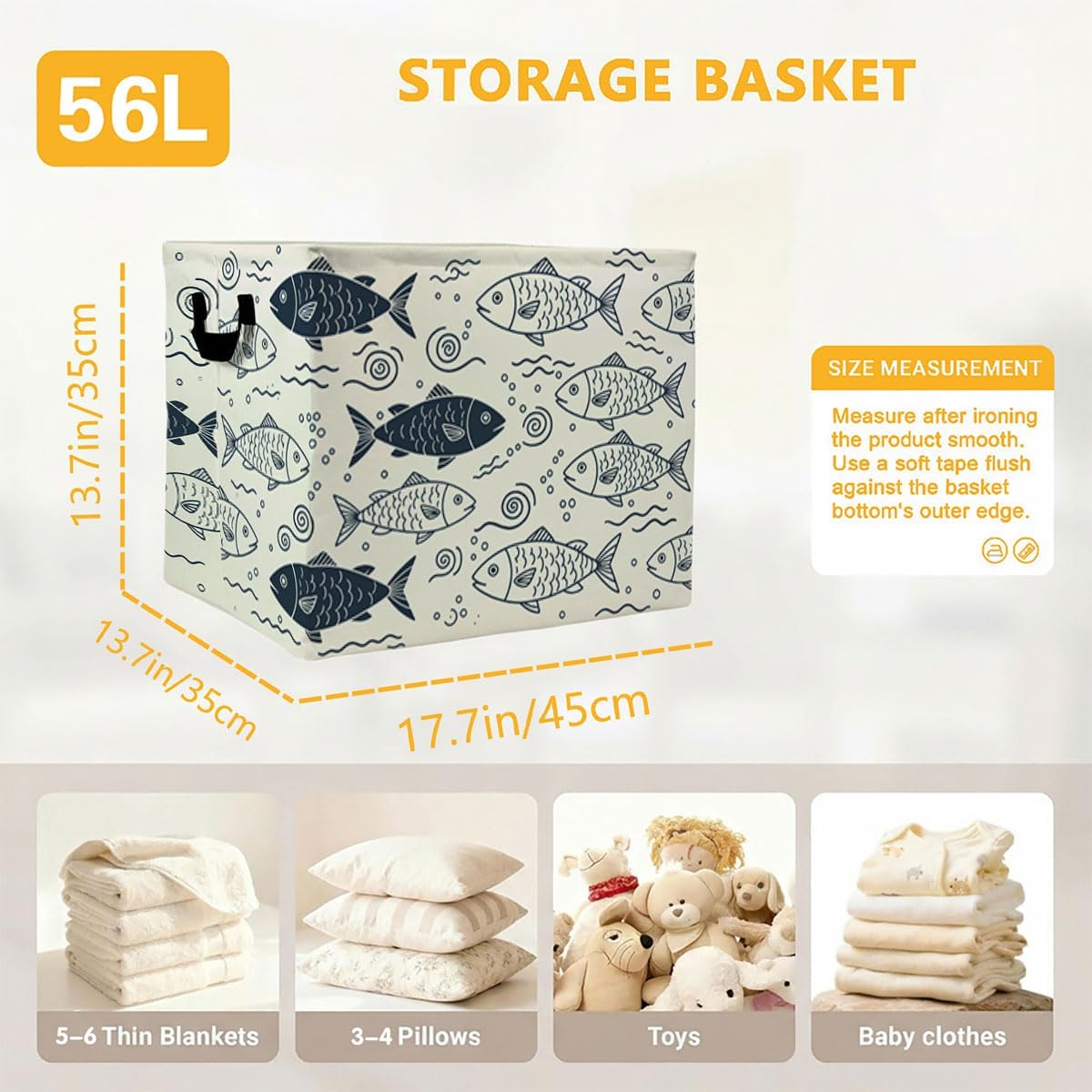 Blue Fish Laundry Hamper with Handles,Large 56L Foldable Square Clothes Basket Multi‑Use Blanket Storage Bins for Organizing Books,Toys,Gifts,Room Decoration,Laundry Room,Dorm Nursery image 4