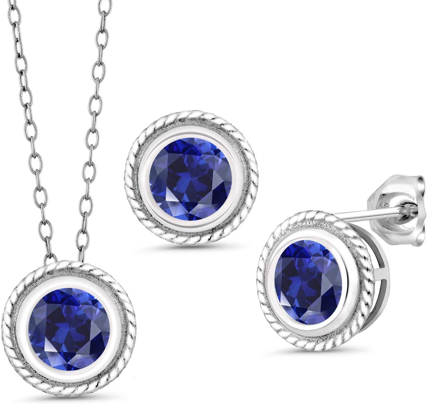 Gem Stone King 925 Sterling Silver 6MM Round Gemstone Birthstone Bezel Pendant Earrings Jewelry Set For Women with 18 Inch Silver Chain