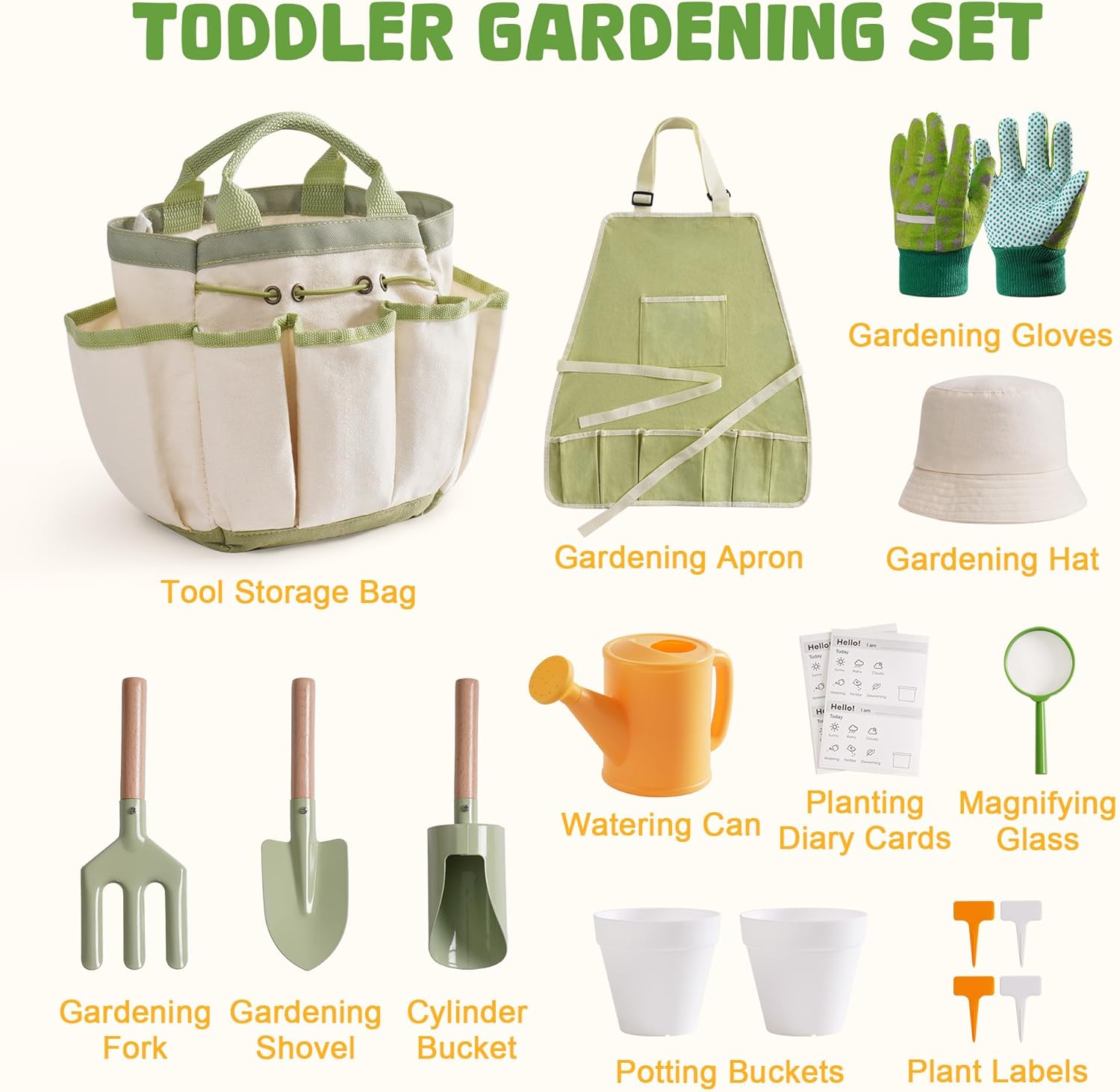 ROBOTIME Kids Gardening Tools, 17 PCS Toddler Gardening Set, Children's Gardening Tools, Metal Kids Gardening Set All in One Kit, Gardening Tools for Kids Outdoor Toys Gift for Boys and Girls Green