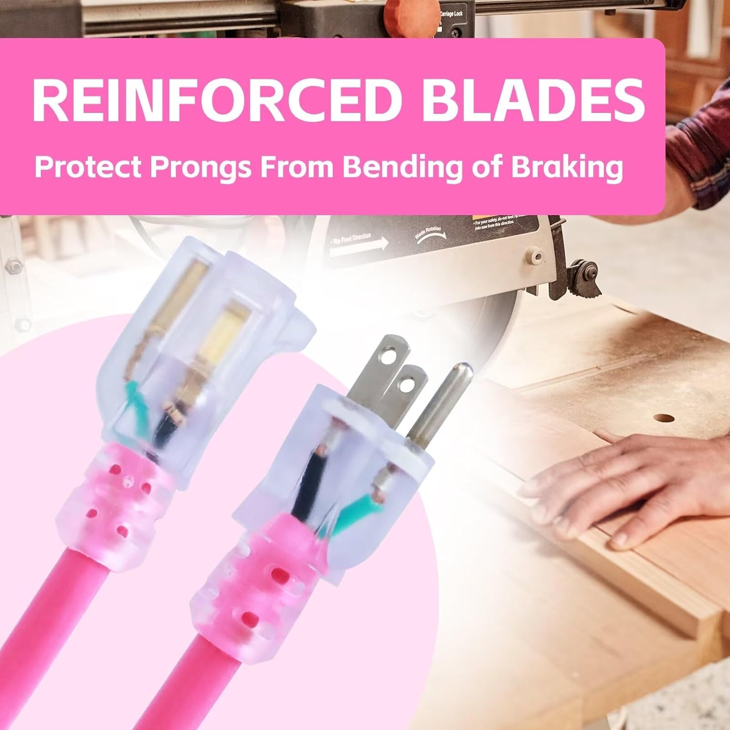 Indoor Extension Cord Waterproof 3 FT, 12 Gauge Heavy Duty Pink Extension Cord SJTW, Flexible Cold-Resistant 3 Prong Grounded Power Cord for Lawn, Garden, Appliance, ETL Listed