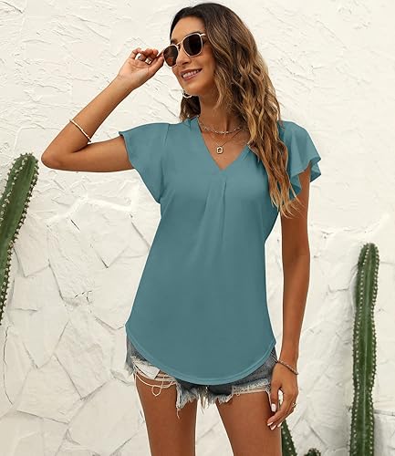 Miniatura 3 de Blusas de verano para mujer, manga con volantes, cuello en V, estilo casual, para negocios, blusas fluidas para mujer