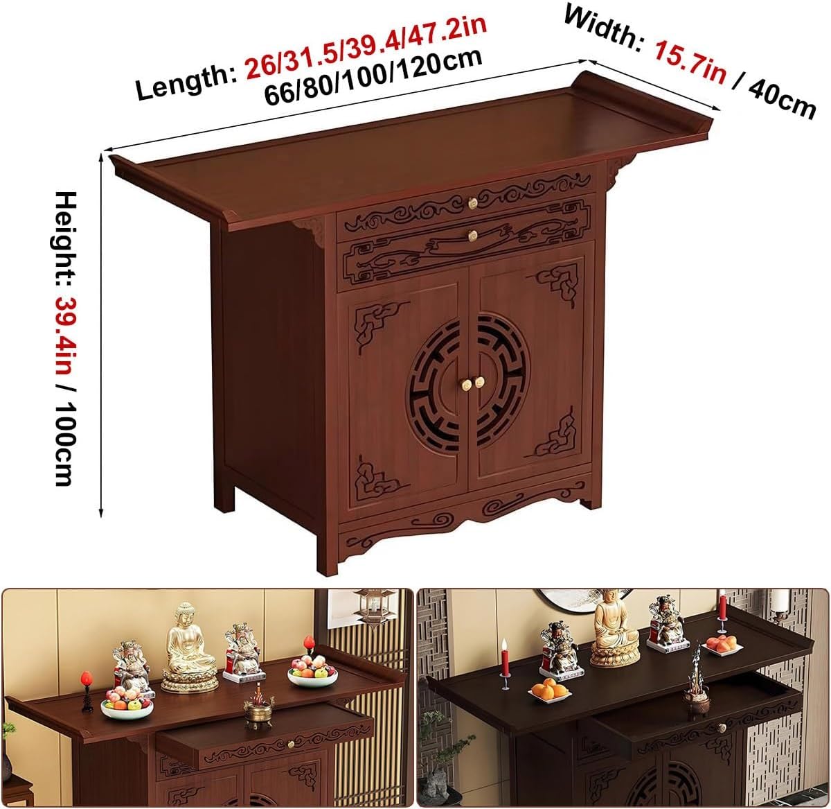Buddha Altar Table with Storage for Home Altar Cabinet, Chinese Pooja Cabinet Pedestal Offering Meditation Table, Personal Shrine Stand for Living Room(Walnut,39.4in)