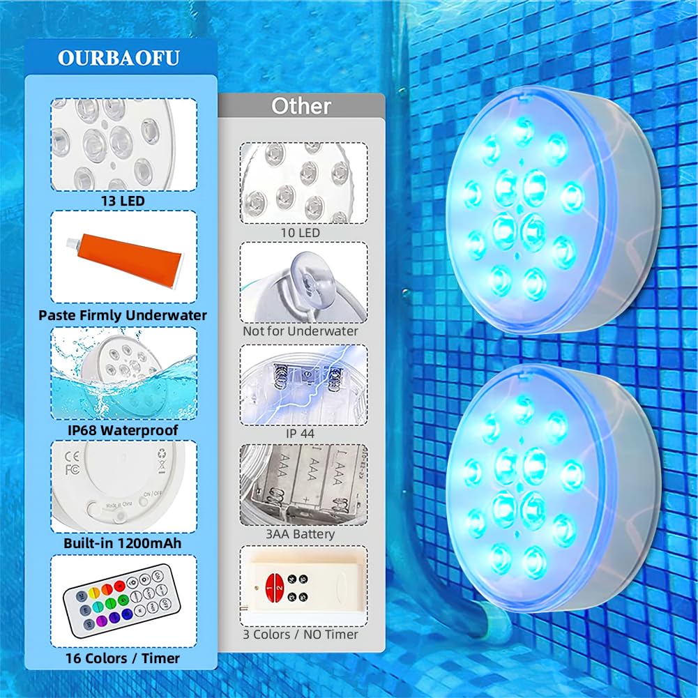 Lumière Piscine, 2pcs Lampe LED Submersible Rechargeables, Étanchéité IP68, 16 Couleurs, Minuterie et Télécommande pour Piscine Jacuzzi Aquarium Étang Baignoire, Fête, Intérieur Extérieur