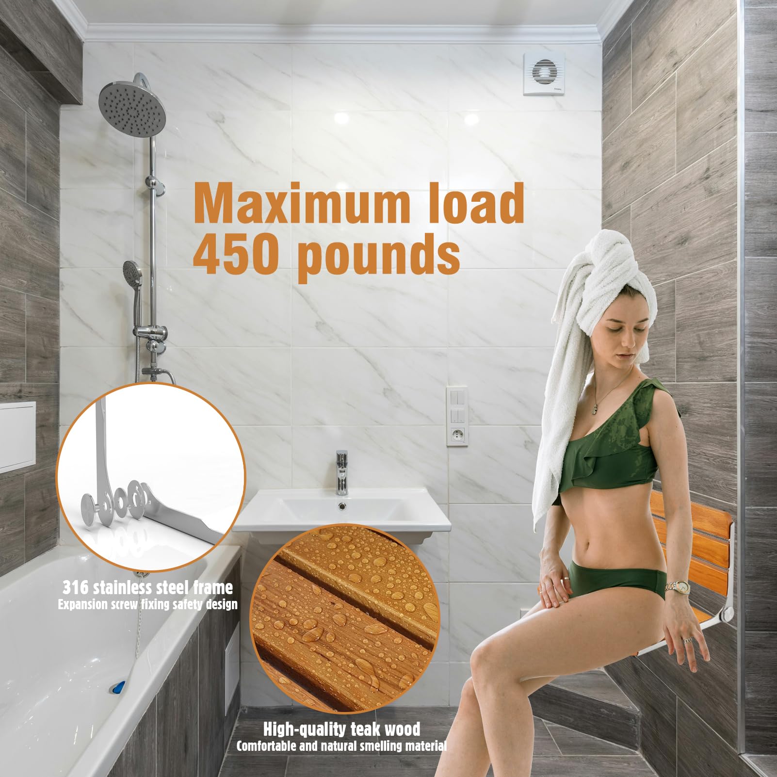 Asiento de ducha plegable montado en la pared, silla plegable de ducha Bech marco de acero inoxidable 316, asiento de ducha plegable de madera de teca 450 libras, 1 paquete