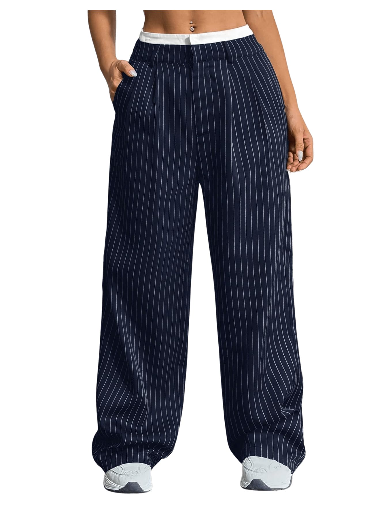 SOLY HUX Women's Striped Pants Color Block High Waisted Wide Leg