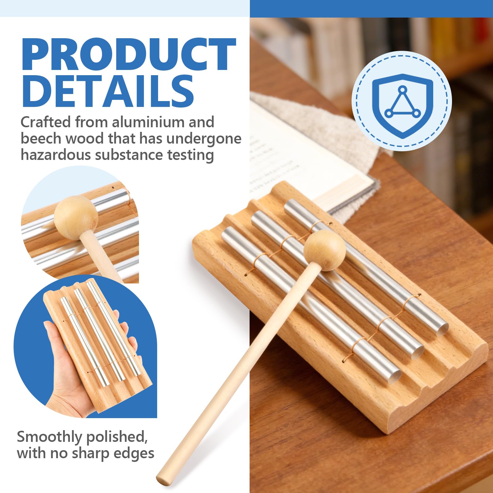 3 Tonos y Campanilla de Madera - Kit Completo de Percusión con Mazo para Educación Musical Temprana, Meditación Relajante y Uso en Aulas - para Profesores, Niños y Terapeutas