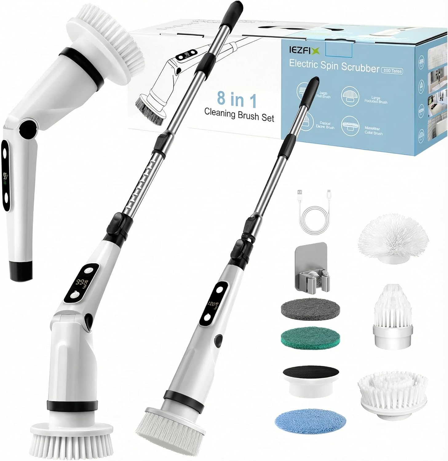 IEZFIX Electric Spin Scrubber, Bathroom Cleaning Brush, Shower Scrubber with Long Handle Adjustable, Cordless Cleaner Brush for Bathtub Kitchen Wall Household Cleaning Helper