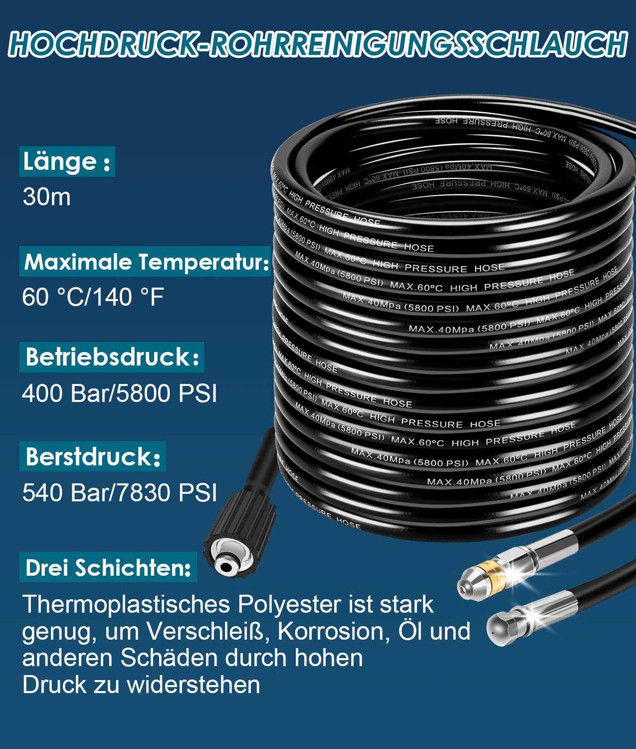 WADEO 30M 400Bar Rohrreinigungsschlauch Set für Kärcher K2-K7 Serien Bosch Lavor Hochdruckreiniger, 5800 PSI, mit M22 Adapter, Düsen starr + rotierend, Hochdruckschlauch für Verstopfte Rohre Abflüsse
