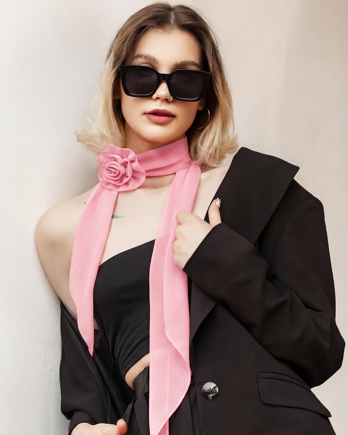 Glitopper Chiffon Scarf for Women Removable Flower Neck Scarf Soft Fashion Rose Scarves Versatile Headband or Hair Band