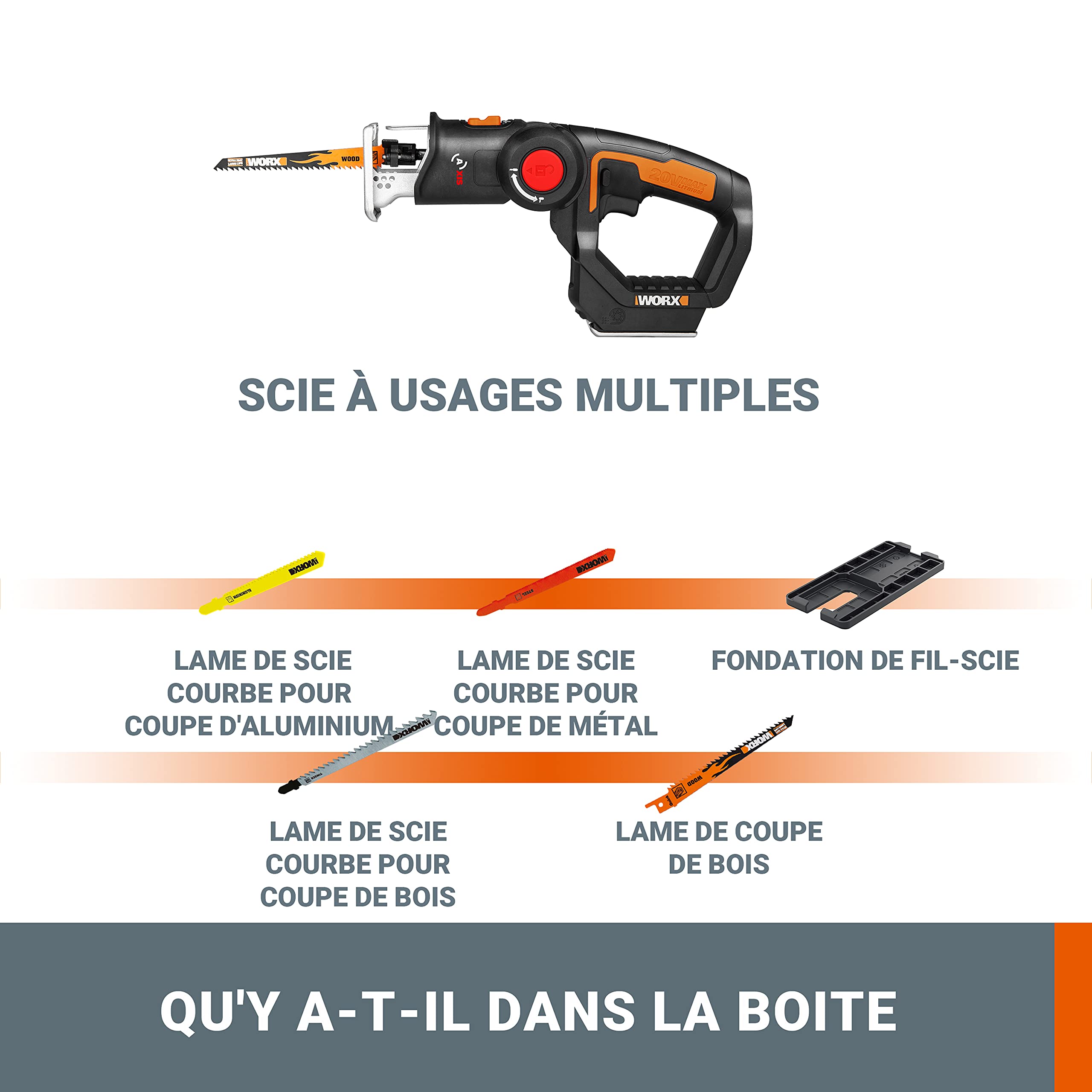 WORX Scie Sauteuse et Scie Sabre sans Fil 20V WX550.9, Course de 20 mm, Jusqu'à 127 mm, Multifonction, Découpe Bois, Aluminium, Acier, PVC, Fonction pendulaire, Sans Batterie ni Chargeur