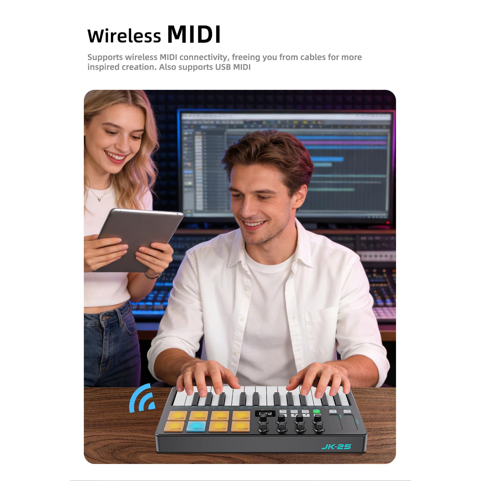 Walmeck Tastiera Controller MIDI BT a 25 Tasti con Pad Sensibili Alla velocità, Funzione di Accordo Arpeggiatore e Ricevitori Ricaricabili per la Produzione DAW (Nera)