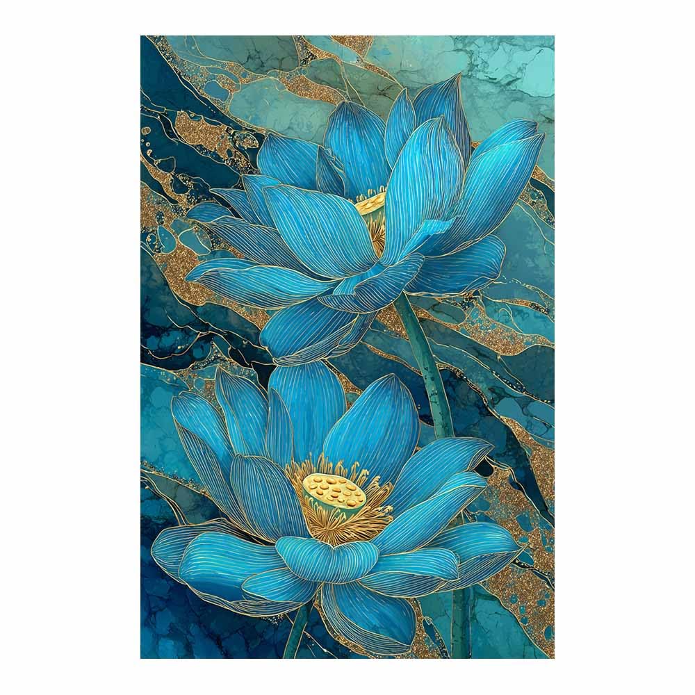 Xeniou Multicolor Flower Wall Art Canvas Blue Gold Lotuses Canvas Wall Art, For Living Room Bedroom Restaurant Home Office Wall Decoration(Multicolor)-60X90cm Unframed