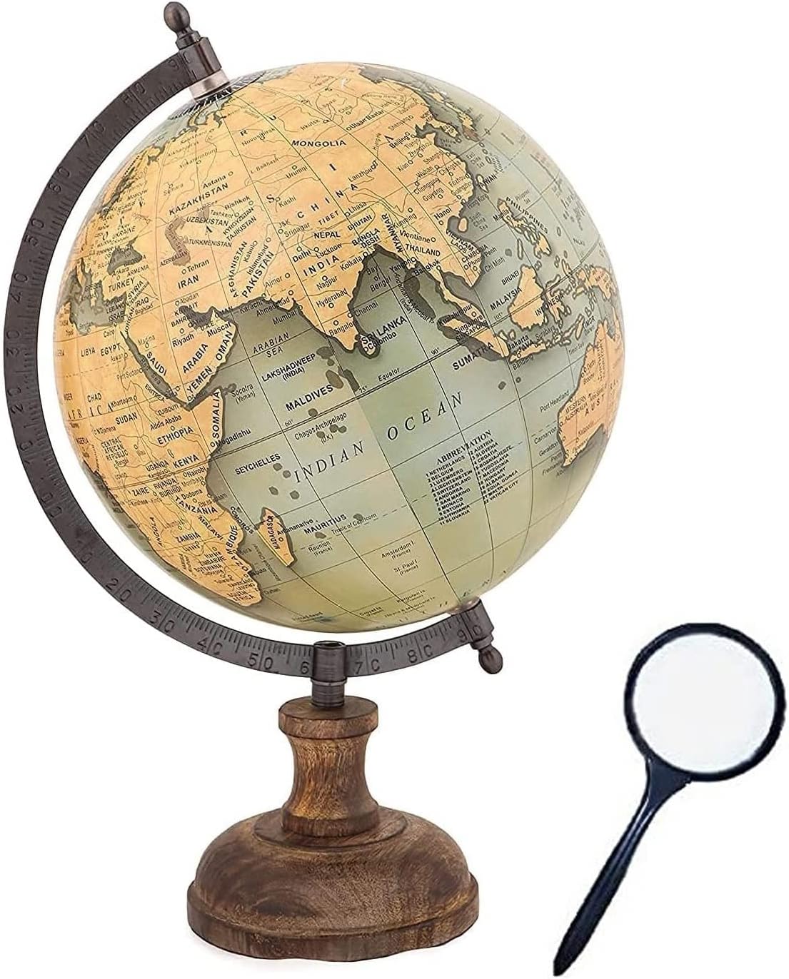 DEVICE OF URBAN INFOTECH STEM Educational Antique World Globe with Magnifying Glass and India Map Chart 360 ° Rotational Full Earth Geographical toy for Kids, Adults, School, Home & Office Decor (8-inch)