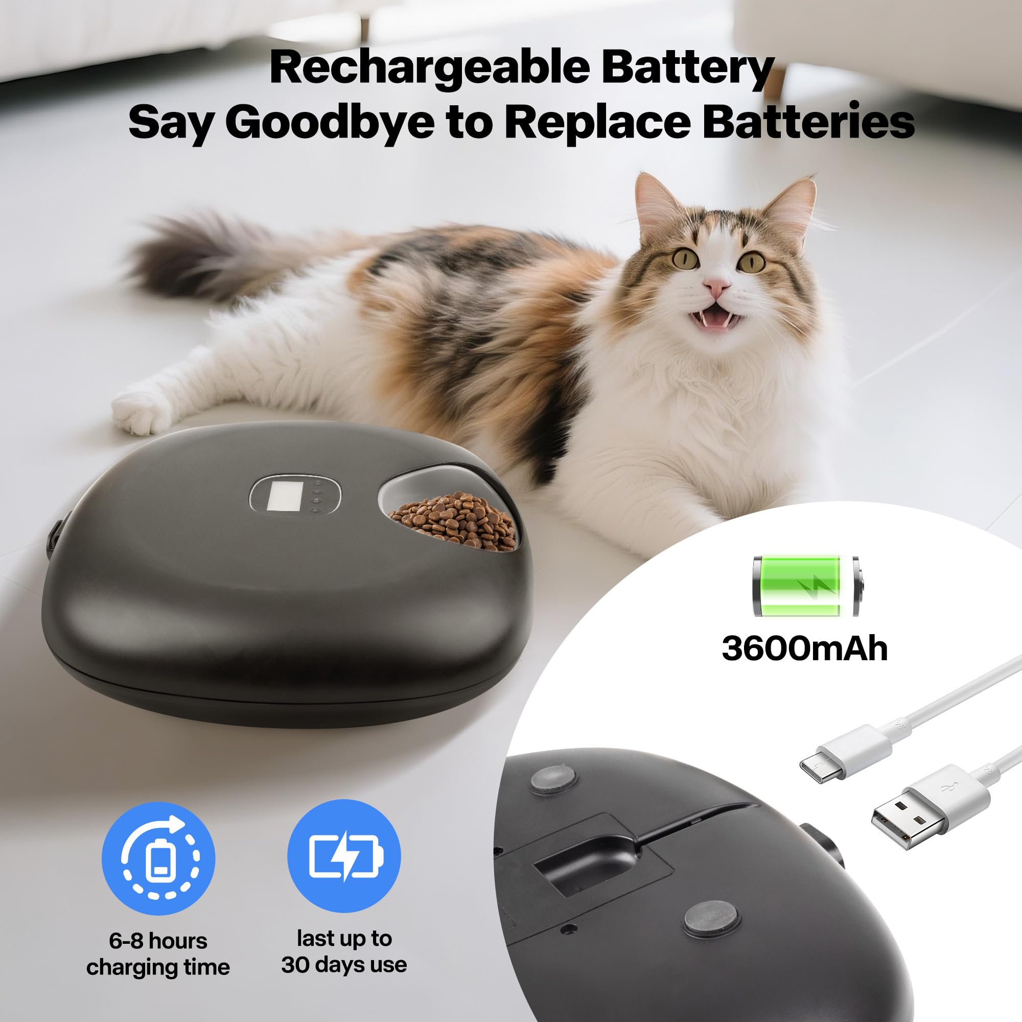 PetPrime 6-Meal Automatic Cat Feeder with Two Ice Packs,Cordless Rechargeable Cat Food Dispenser for Cats and Small Dogs Wet Food Auto Pet Feeder Black - image 5