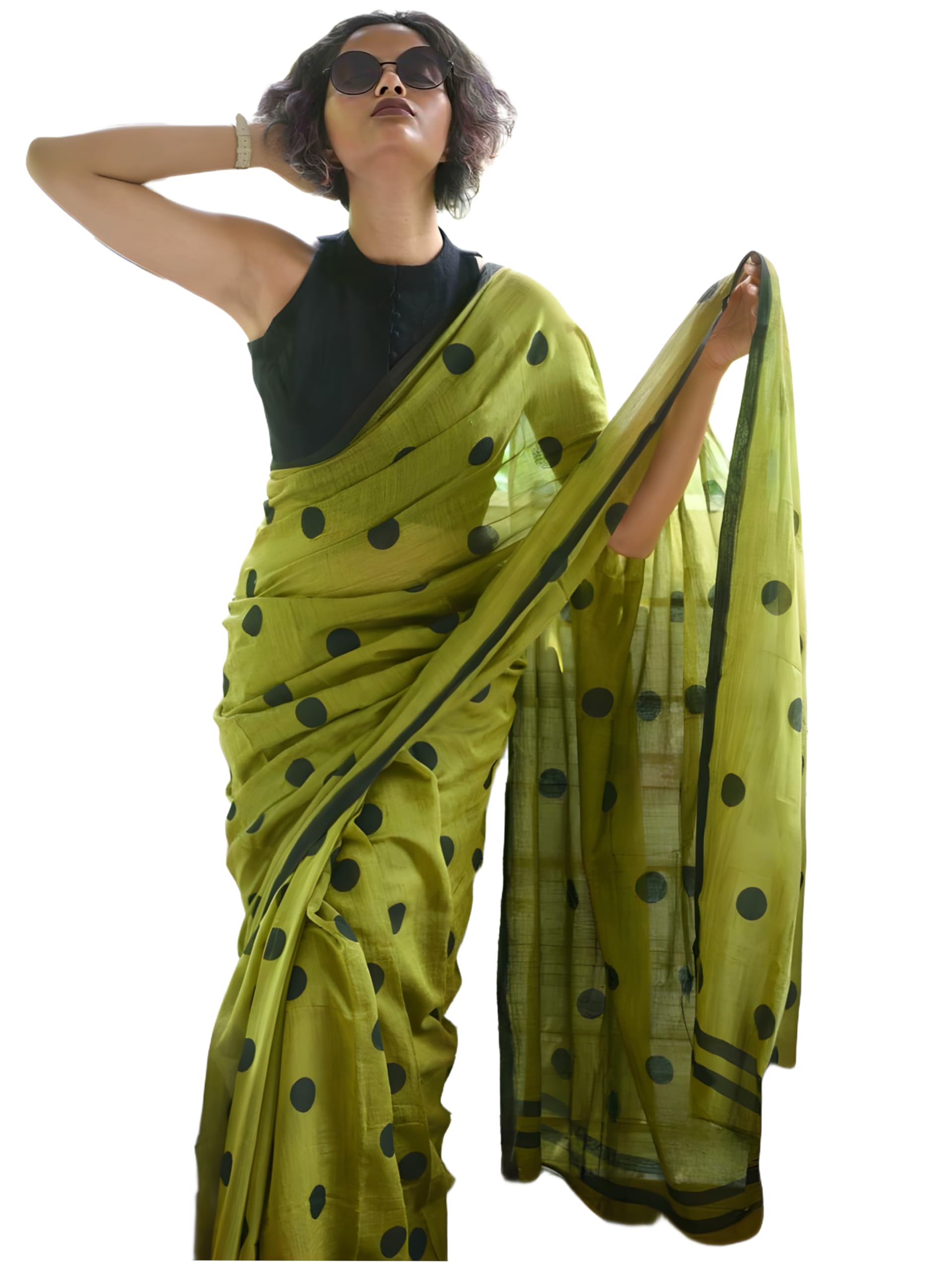 Women's Polka Dot Printed Linen Cotton Saree With Unstitched Blouse Piece (Laddu_Free Size)-image-48