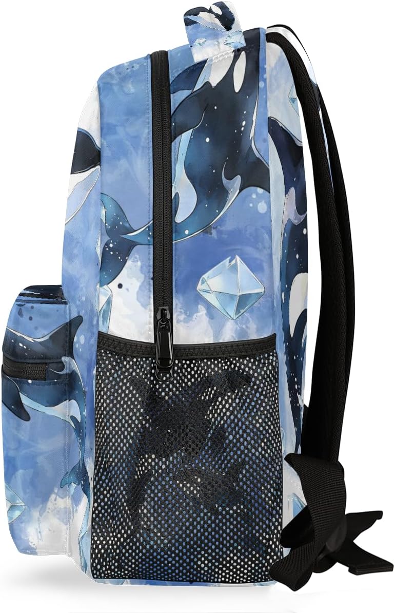 AUUXVA Kids Backpack Killer Whale School Shoulder Bag Ocean Watercolor Large Waterproof Durable Bookbag Laptop Daypack for Students Teens Girls Boys Elementary