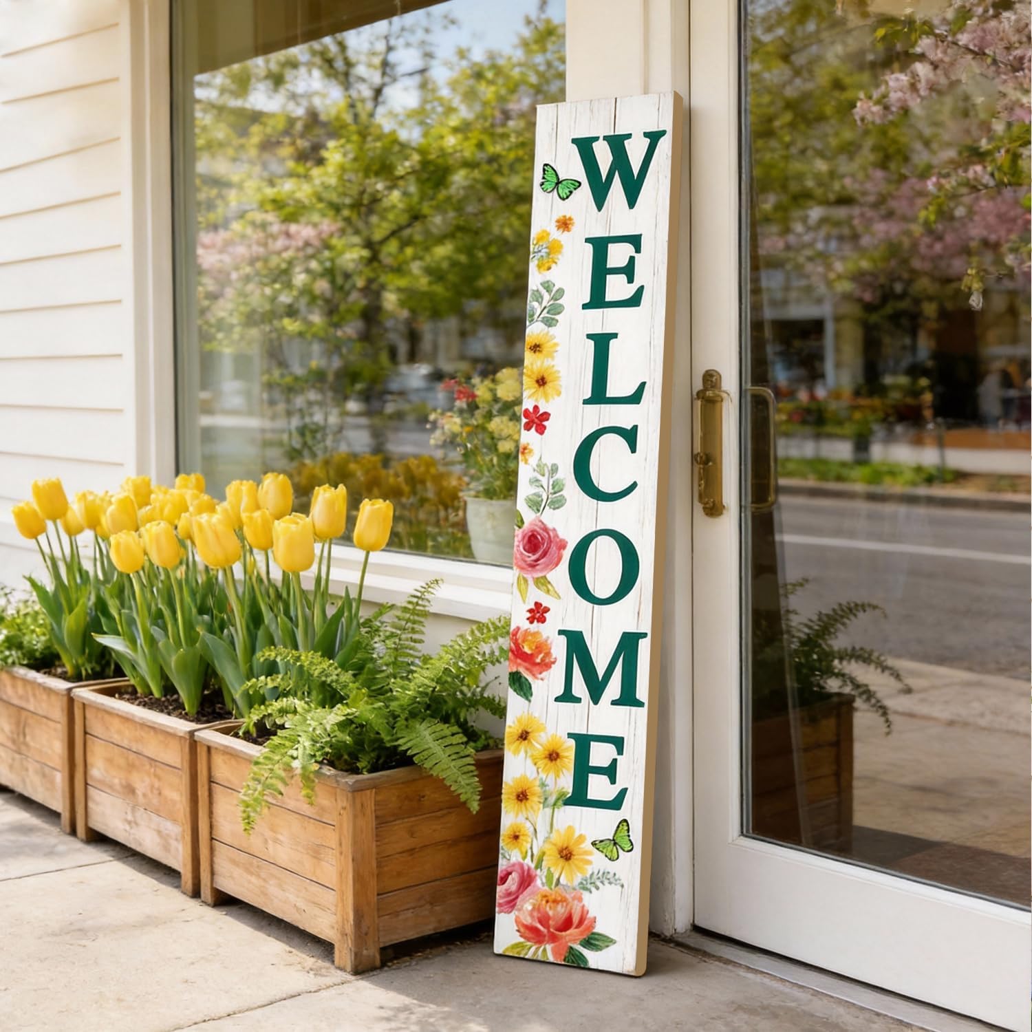 Welcome Sign for Front Door: 47" Wood Framed Spring Flower Decorations Porch Sigh with Hanging Rope, Farmhouse Hanging Standing Porch Leaner Signs for Home Outdoor