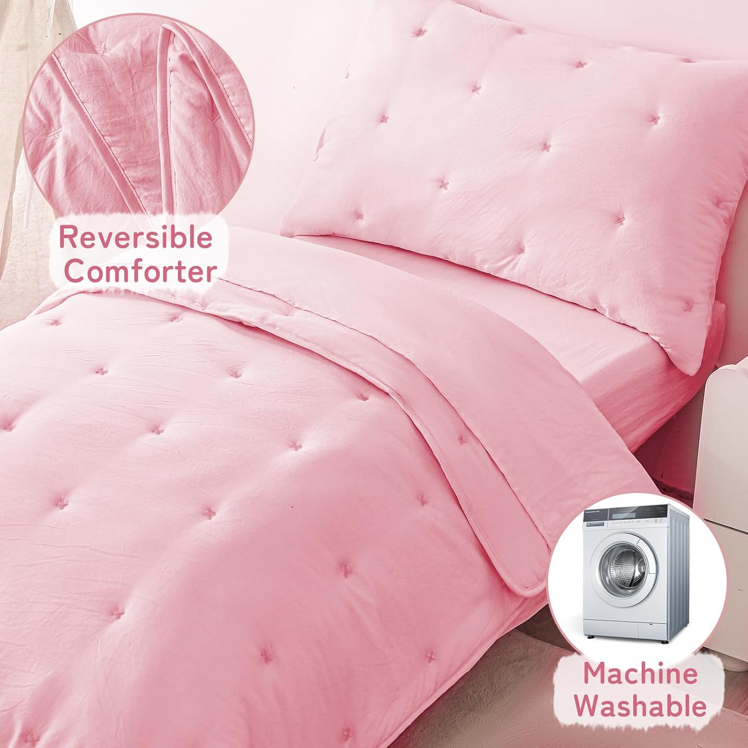 Toddler Bedding Set for Girls, 4-Piece Pink Embroidery Kids Comforter Sets, Soft Microfiber Toddler Bed-in-a-Bag Includes Comforter, Flat Sheet, Fitted Sheet, Envelope Pillowcase