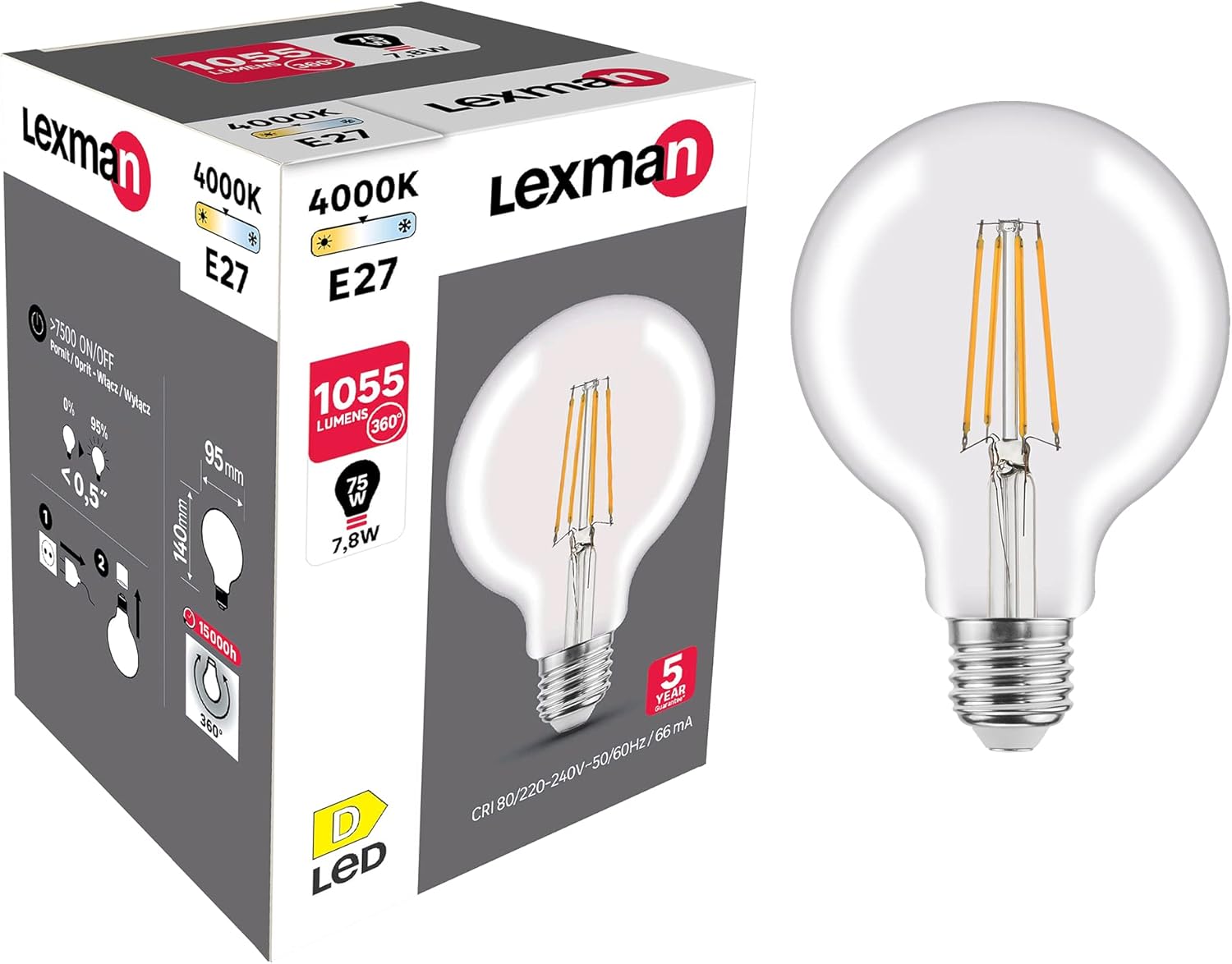 LEXMAN LED Filament Globe Bulb packaging showing key features and a 5-year warranty.
