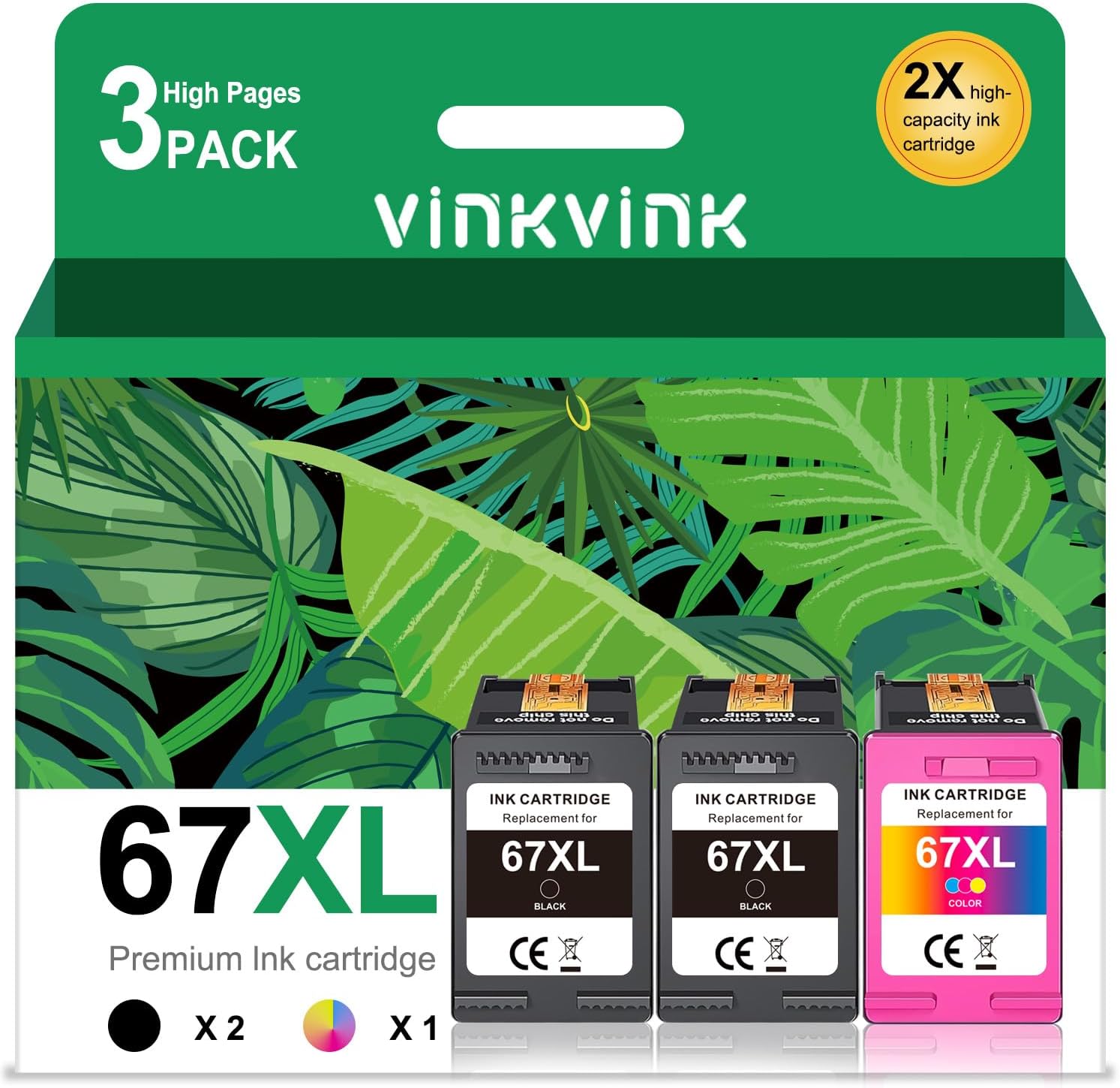 3 Pack 67XL Ink Cartridge Combo Pack Replacement for HP 67 67XXL Work for DeskJet 2755 2725 2723 2722 1255 DeskJet Plus 4152 4155 Envy Pro 6458 6455 6052 Printer（2 Black，1 Color ）