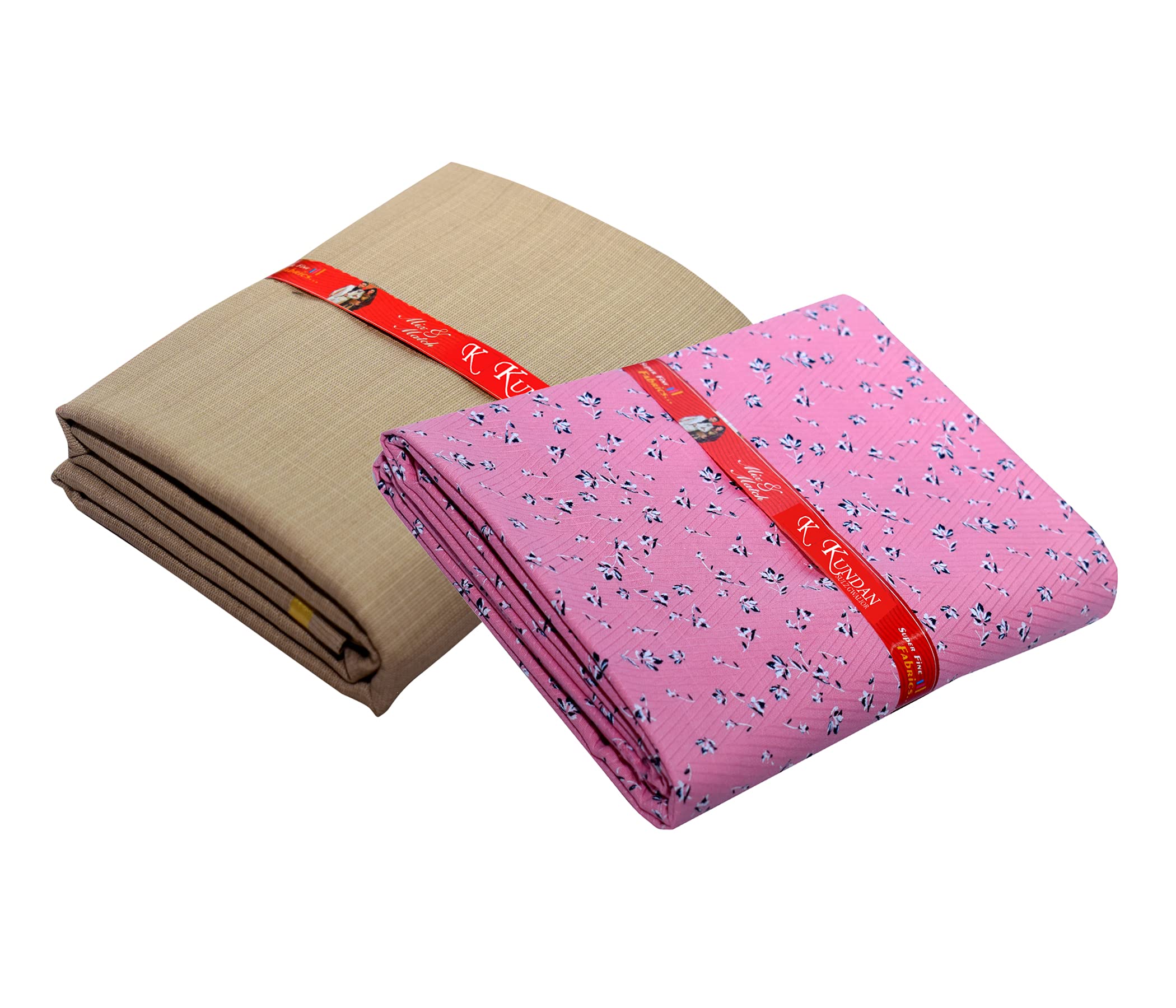 Kundan Sulz Gwalior Men's Cotton Printed Shirt & Trouser Fabric Combo Set (Beige & Light Pink; 1.20 & 1.60 Meters)