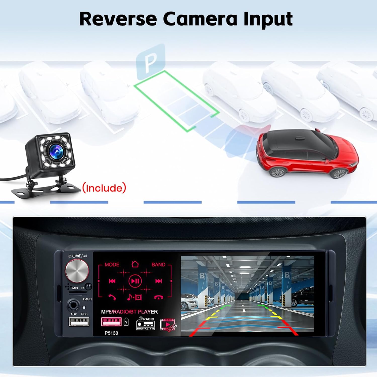 Car stereo display showing reverse camera input with parking guidelines.