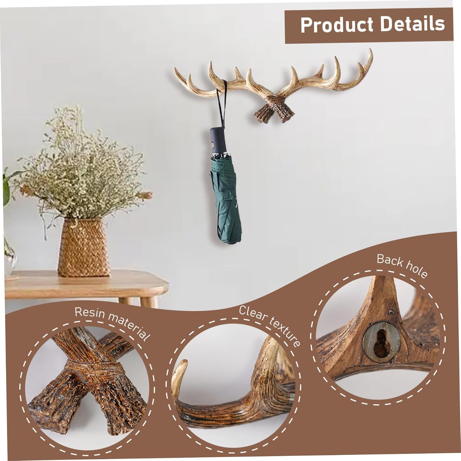 Antler Coat Rack, 11x4x2 Inch Vintage Simulation Antler Decor, Wall-Mounted Hooks, Resin Deer Hook, for Jewellery Display Bathroom Towels Supplies, Home décor image 4