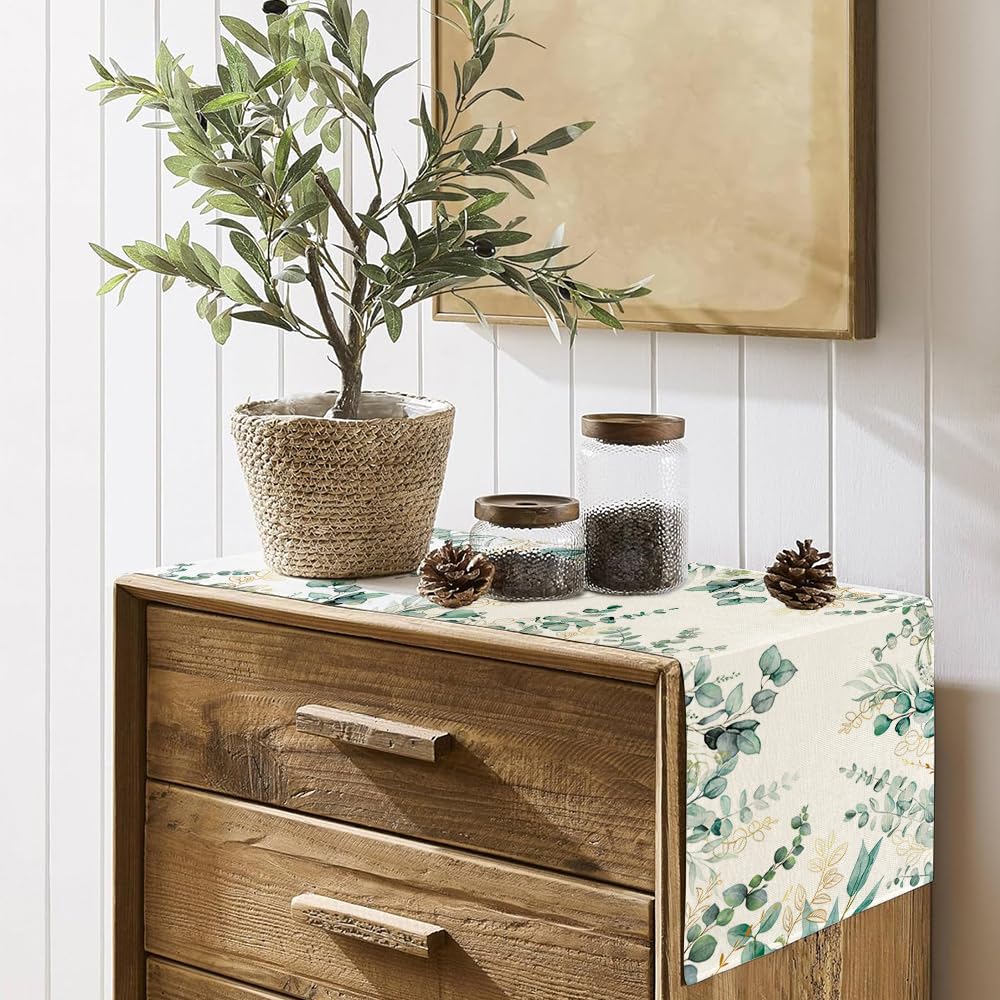 Runner Da Tavola In Lino Con Stampa Eucalipto - 40x180 Cm, Lavabile, Per Pranzo E Eventi