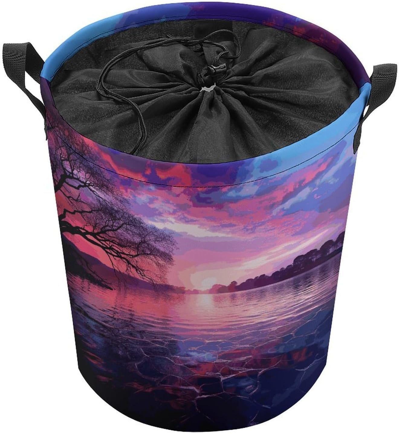 Purple Sunset on Water Laundry Basket Collapsible Clothes Hamper with Reinforced Handles Large Capacity Waterproof Laundry Bag Freestanding Laundry Hamper for Bedroom Bathroom