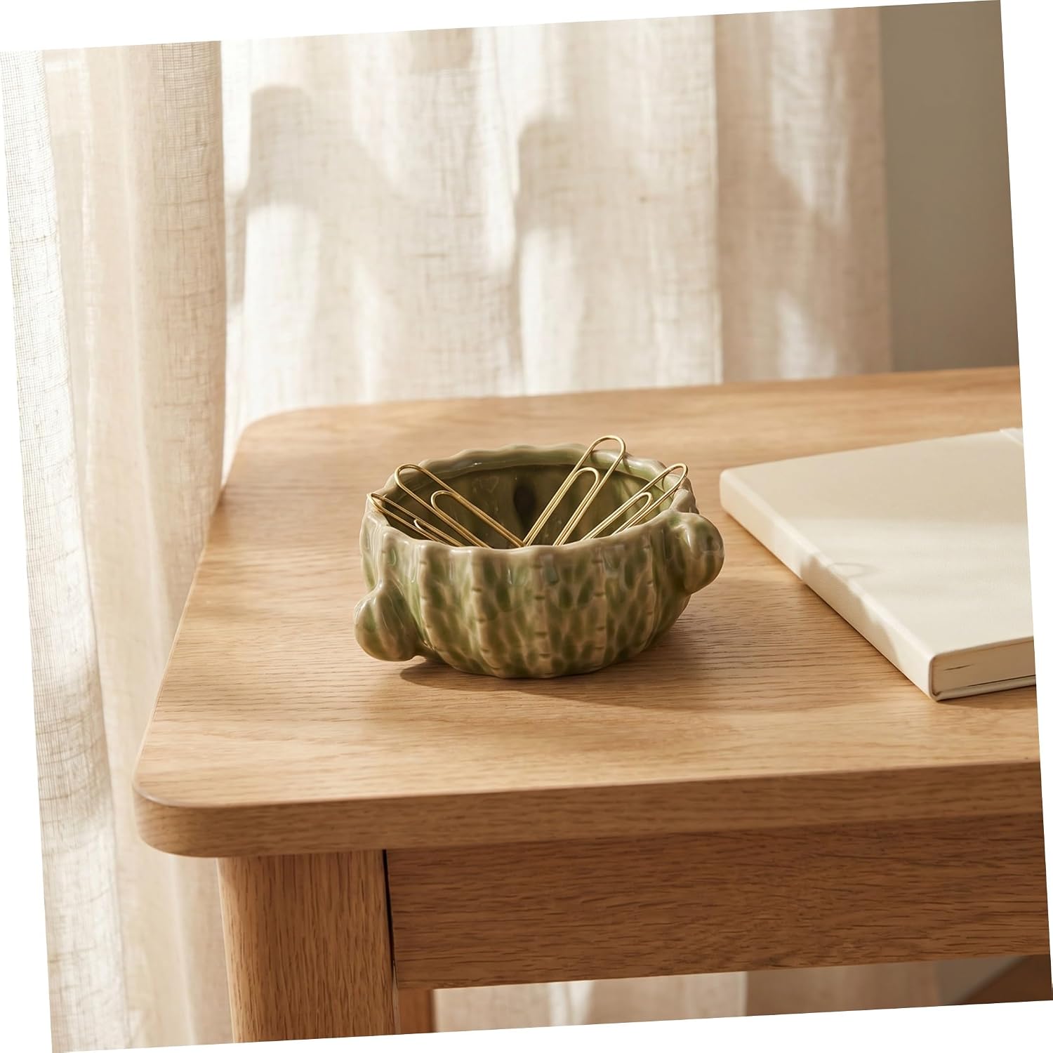 TEHAUX 2pcs Small Ceramic Paper Clip Holder for Desk, Cactus-shaped Green Dispenser with Easy Cleaning and Space-saving Features, Cute Office Desk Decor for Home and Work
