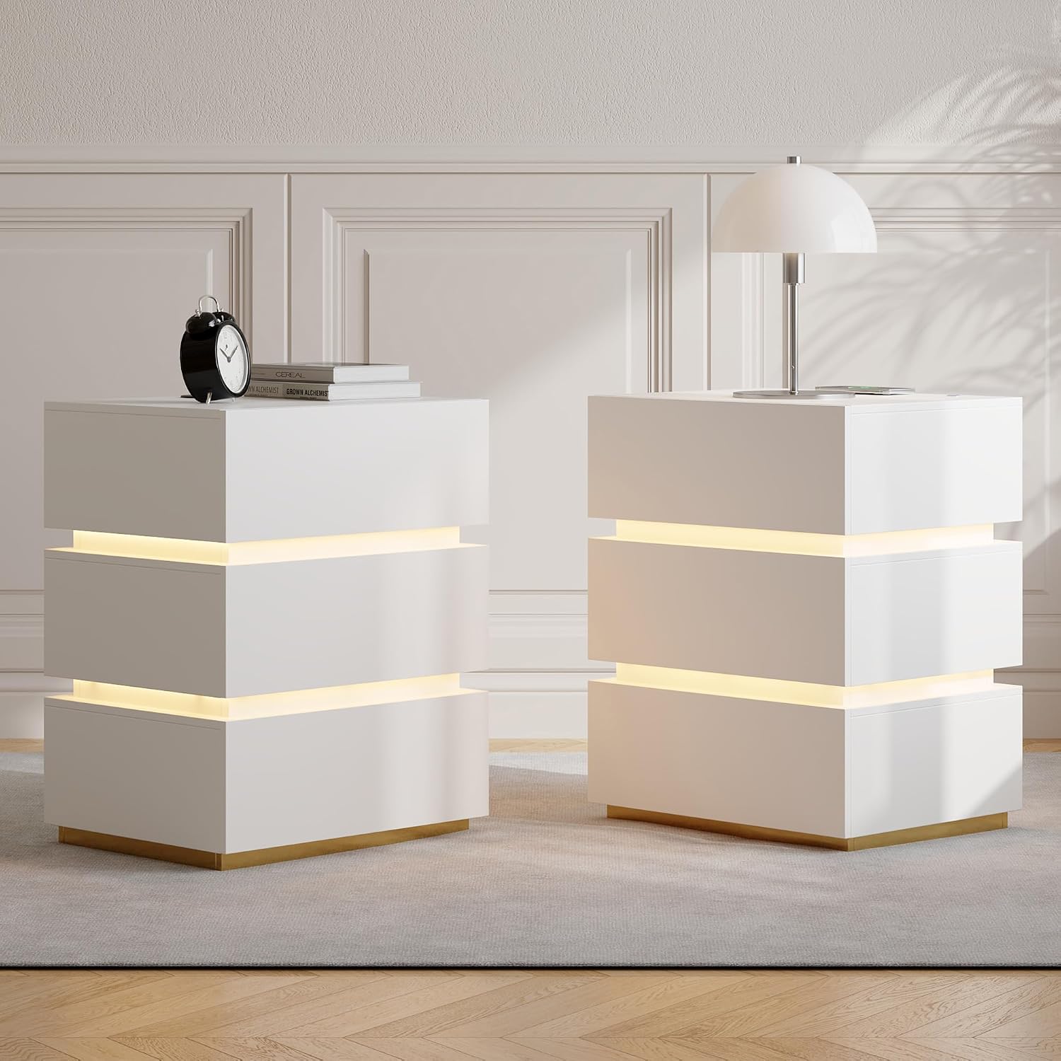 homary LED Smart Nightstand Set of 2 with Wireless Charging, USB & Type-C Ports – Modern White Bedside Table with Storage and Adjustable Light, Bedroom Night Stand with 3-Drawer