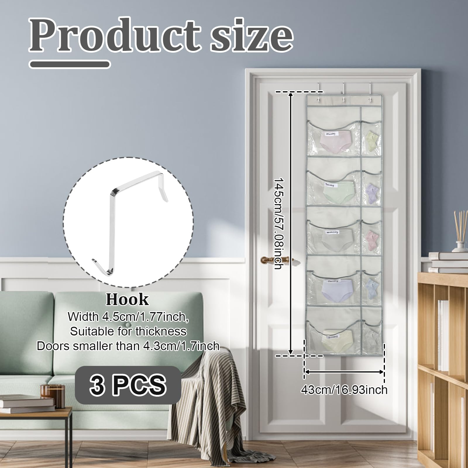 FALESOUL 3 Pcs Weekly Clothes Organizer for Kids, Monday to Friday The Week Clothes Hanging Closet Organizer, 5-Shelf Large Capacity School Clothes Storage with Side Pockets