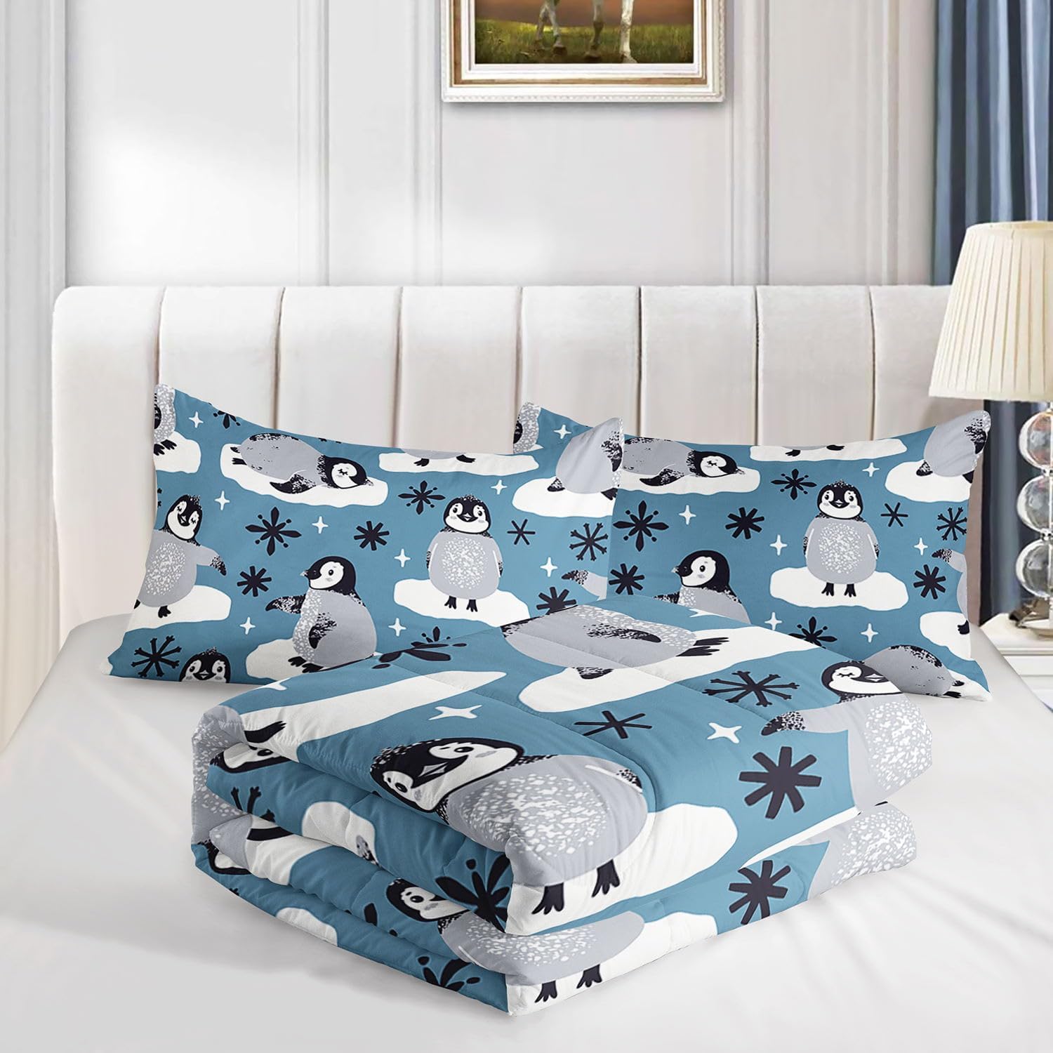 Cartoon Penguin Comforter Set Antarctica Animals Wildlife Printed Bedding Set with 1 Comforter and 2 Pillowcases for Boys and Girls Bedroom All Season(Penguin Queen)
