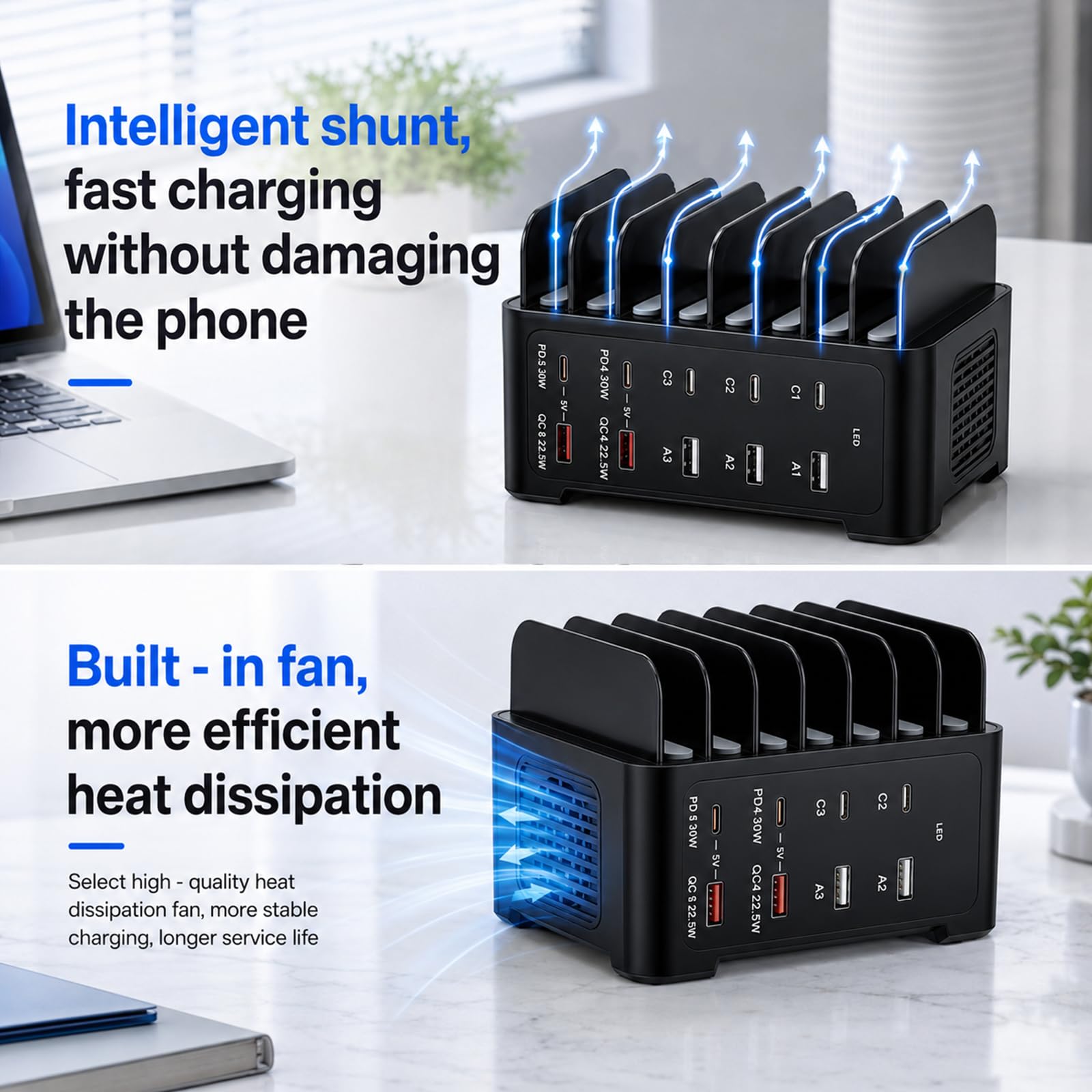 Stazione di Carica USB C, Stazione di Ricarica Rapida a 10 Porte 120W con 5 USB C e 5 USB A, Caricatore Multiplo Smartphone con Ventola di Raffreddamento, Caricabatteria per Telefoni, Tablet e Altri