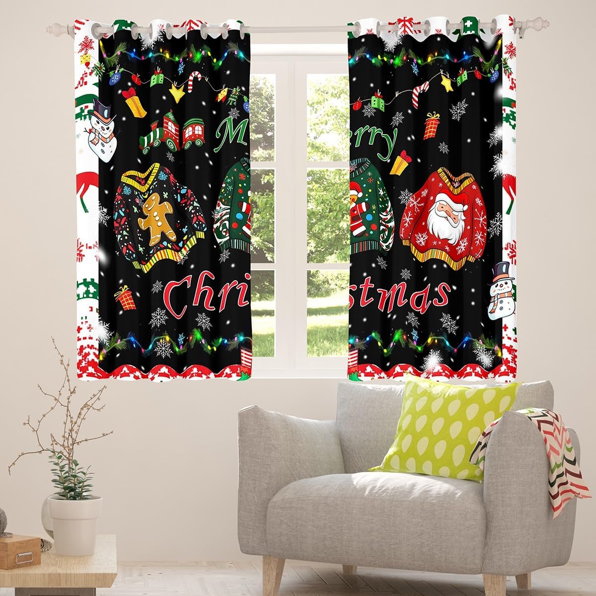 Manfei Kawaii Xmas Sweater Curtains Kids/Adults Watercolor Christmas Train Trees Curtain,Window Treatment Curtain for Boys Girls Room Decor,Colorful New Year Decor Window Drapes,Top 2 Panel,38Wx45L