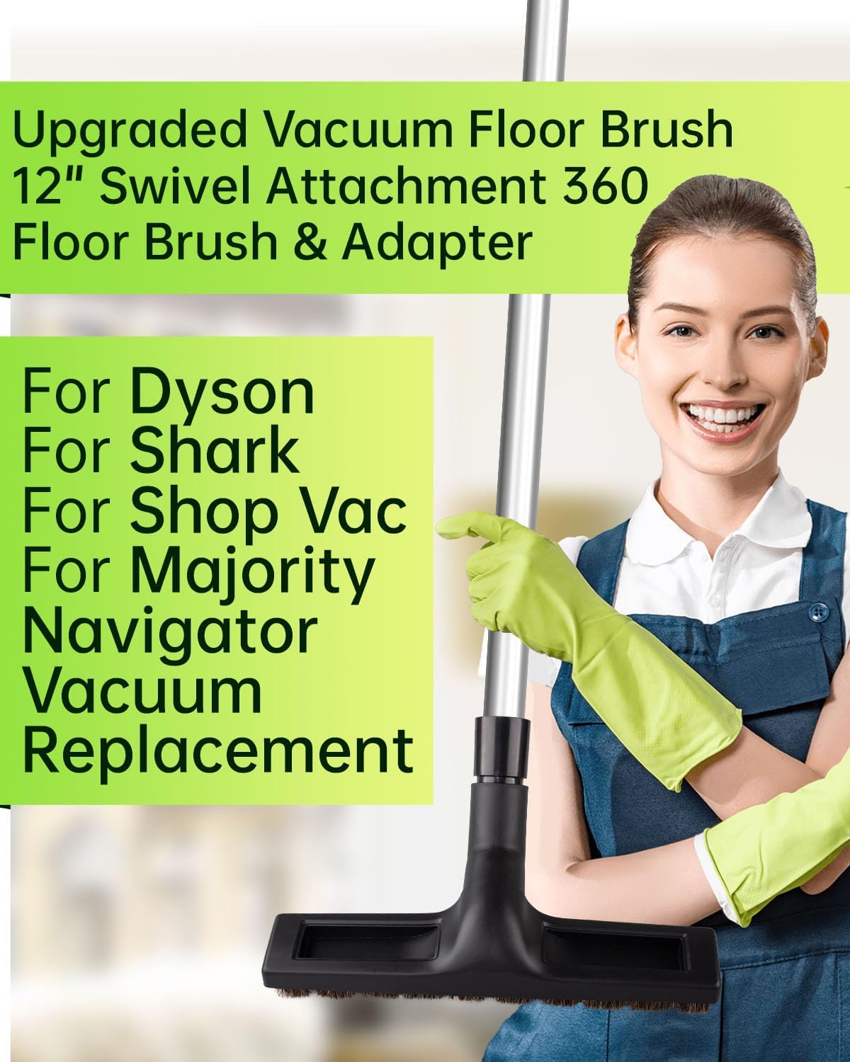 Universal Vacuum Floor Brush Attachments - Vacuum Attachments & Brushes, 12-Inch Swivel Head with 1-1/4”(32mm) Diameter Horse Hair Soft Bristles, 360° Swivel & Wheels for Hard Floors, Tile Cleaning