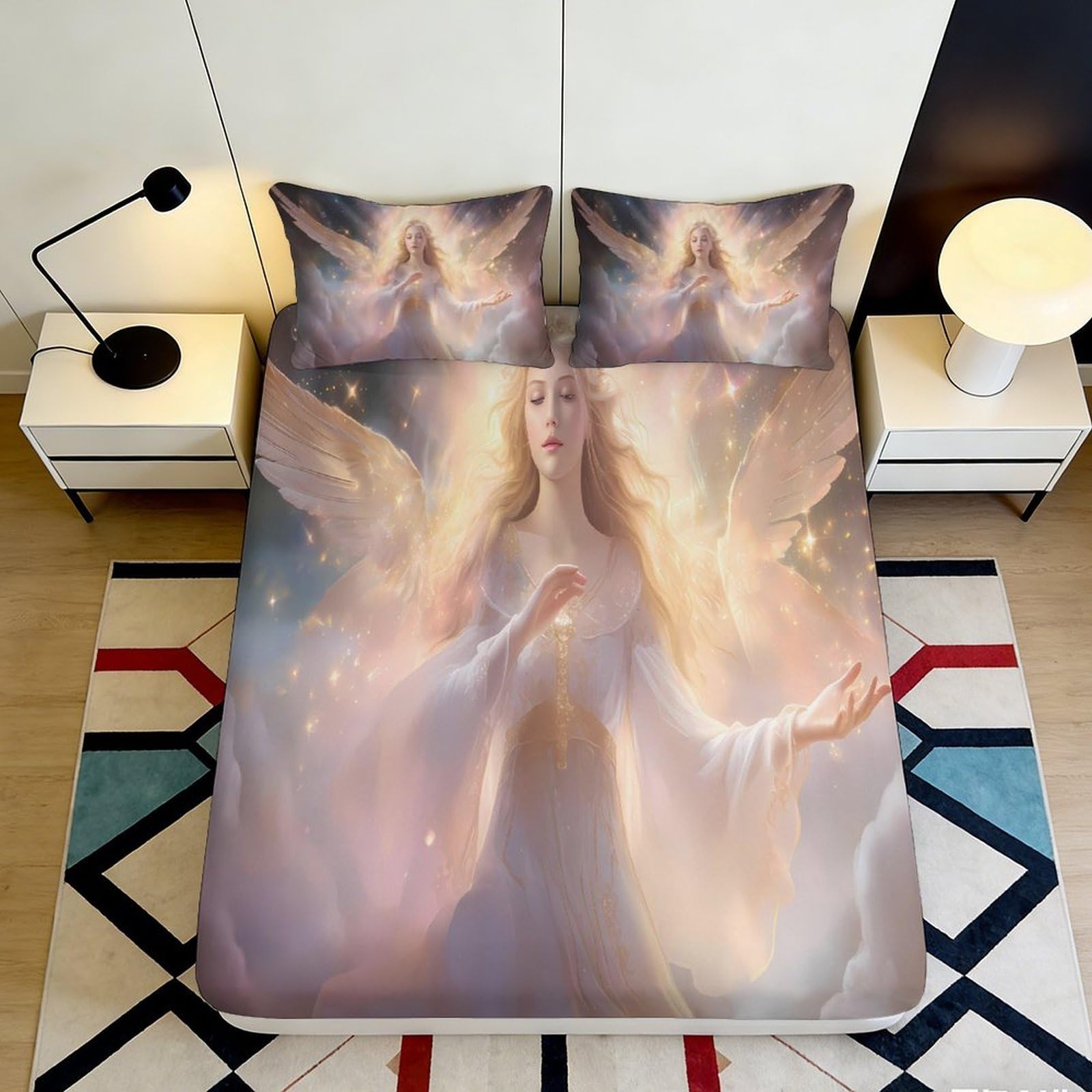 3D Printed Angel Fantasy Fitted Sheet Microfiber Soft Shimmer Wings Mattress Cover for Bedroom Guest Room Decor 120x200x25cm