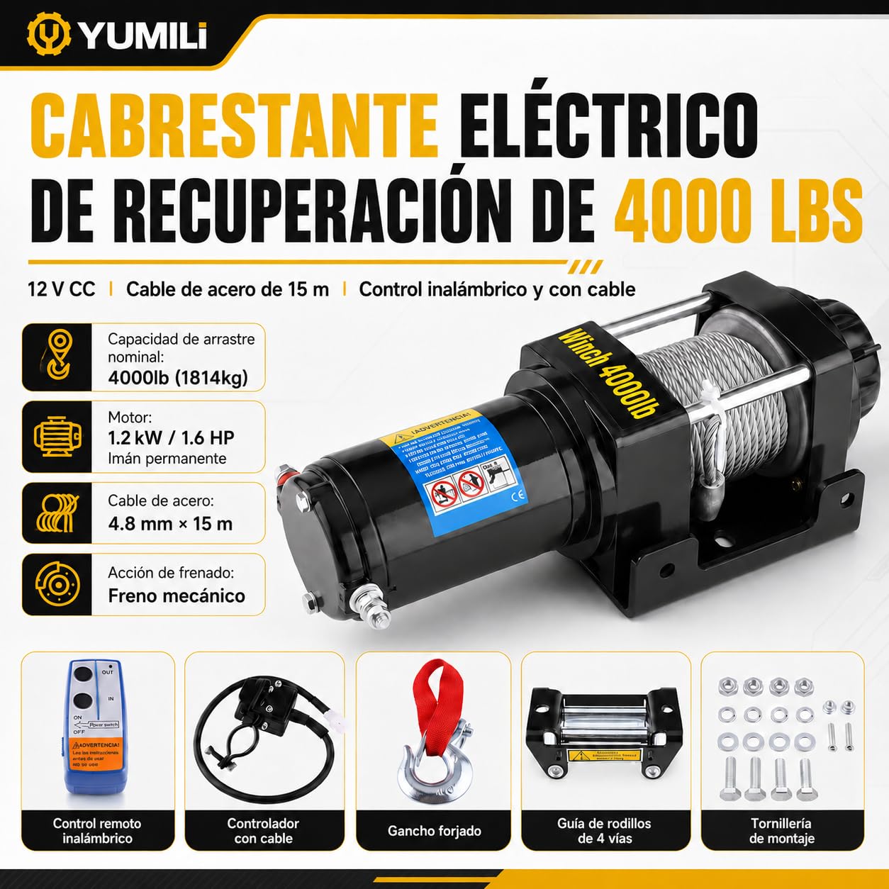 Cabrestante Eléctrico 12 V, 4000 LBS/1818 Kg Cabrestante Quad, Winchi Electrico Cable de Acero 4.8mm*15 m con Control Remoto Inalámbrico, IP67 para Remolque Todoterreno de Vehículos ATV UTV SUV