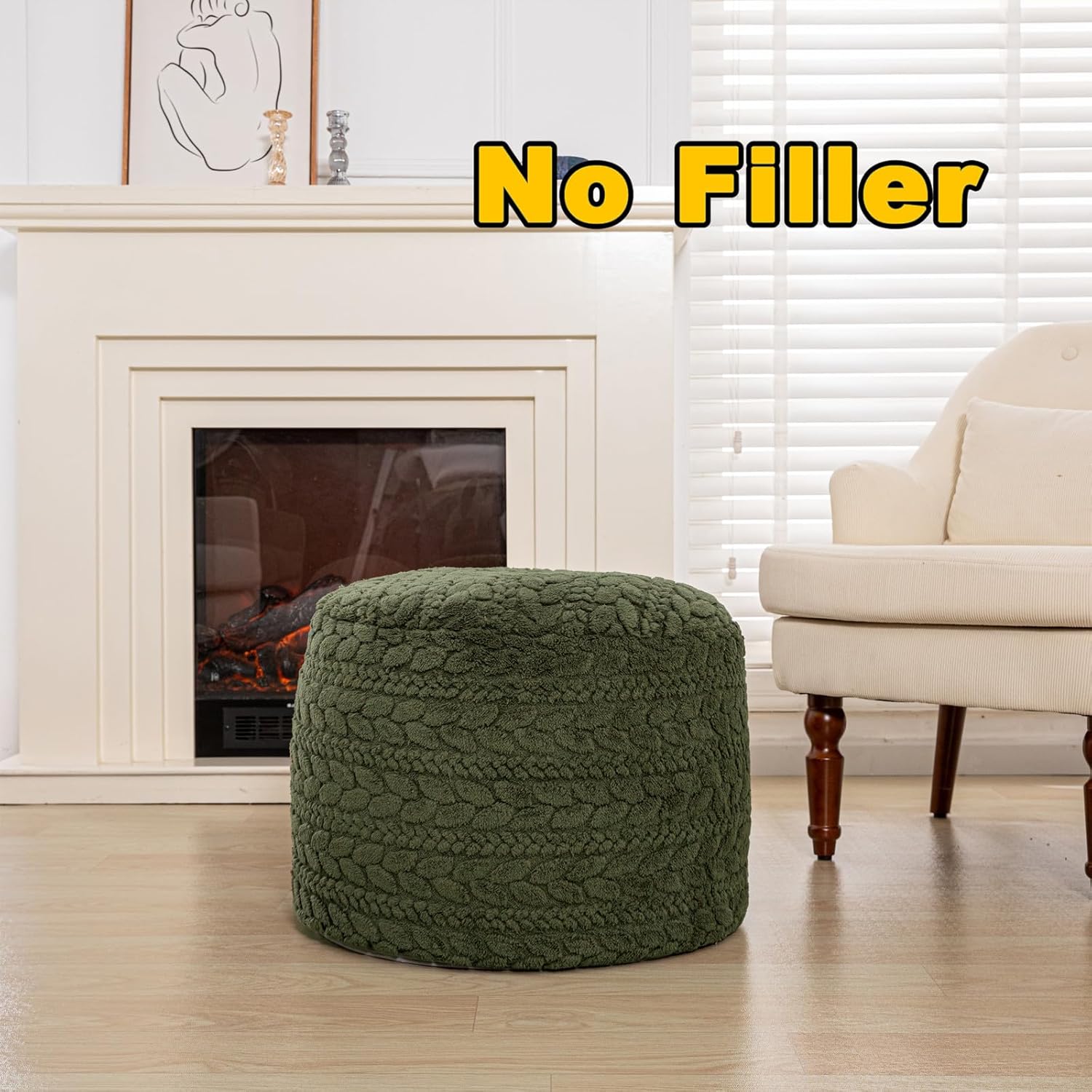 Poofieotto Unstuffed Ottoman Pouf Cover – Round Faux Fur Footstool Plush Floor Pouf (No Filler Included) Perfect for Living Room, Bedroom, or Office Lounge (Green, 26x26x18 in)