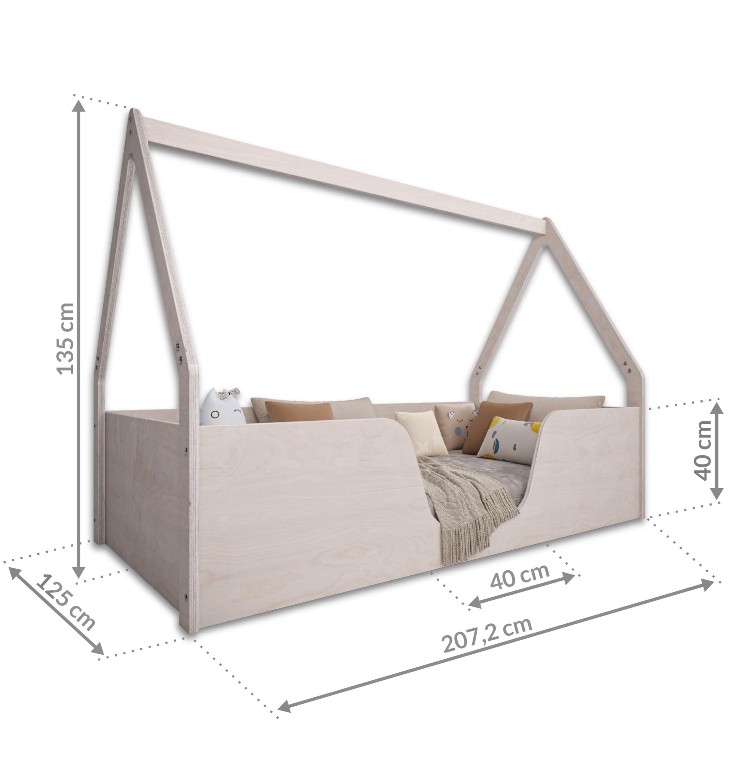 OSONO | Nido Fort S Hausbett Kinder 120x200 cm aus Naturholz | Montessori Bodenbett mit Rausfallschutz & Lattenrost | Kinderbett im skandinavischen Stil