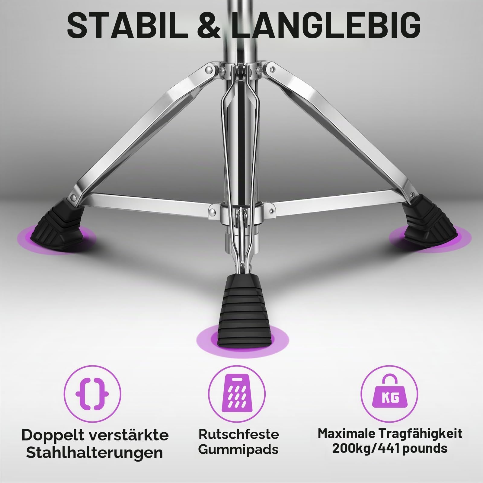 Drum-Hocker mit Rückenlehne Gepolsterter hydraulischer Drum-Stuhl Höhenverstellbarer Drum-Hocker mit stabilem Bass Komfortabler Memory-Foam-Drum-Sitz für erwachsene Trommler Gitarristen Schwarz