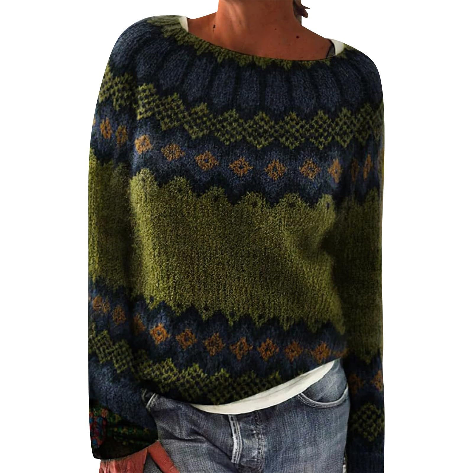 Fair Isle Sweater Women Oversized Knit Vintage Argyle Embroidered Pullover Sweaters Cozy Boho Winter Tops