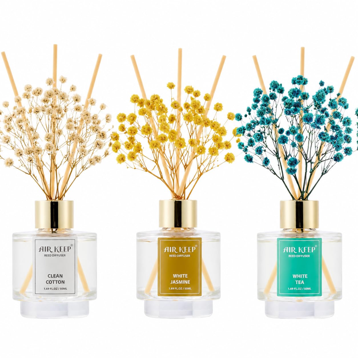 Airkeep Juego de 3 difusores de varillas de aceite de té blanco de jazmín blanco de algodón limpio para dormitorio, sala de estar, oficina, aromaterapia, difusor de varillas para regalo, 50 ml x 3