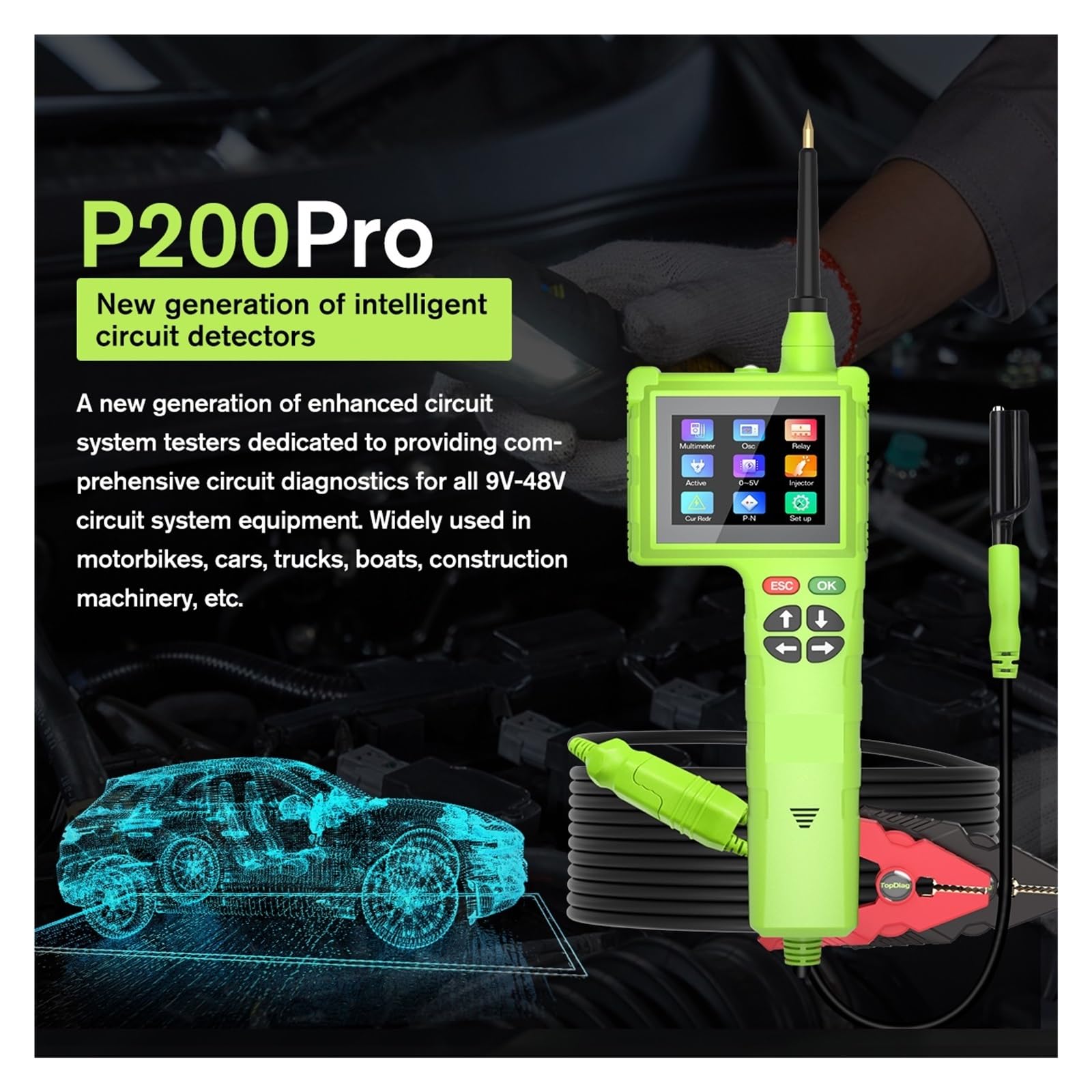 Testeur de Circuit Automobile P200 Pro 12V/24V : kit de sondes for Circuit d'alimentation, testeur de Tension, de résistance et de Relais, Outil de Diagnostic