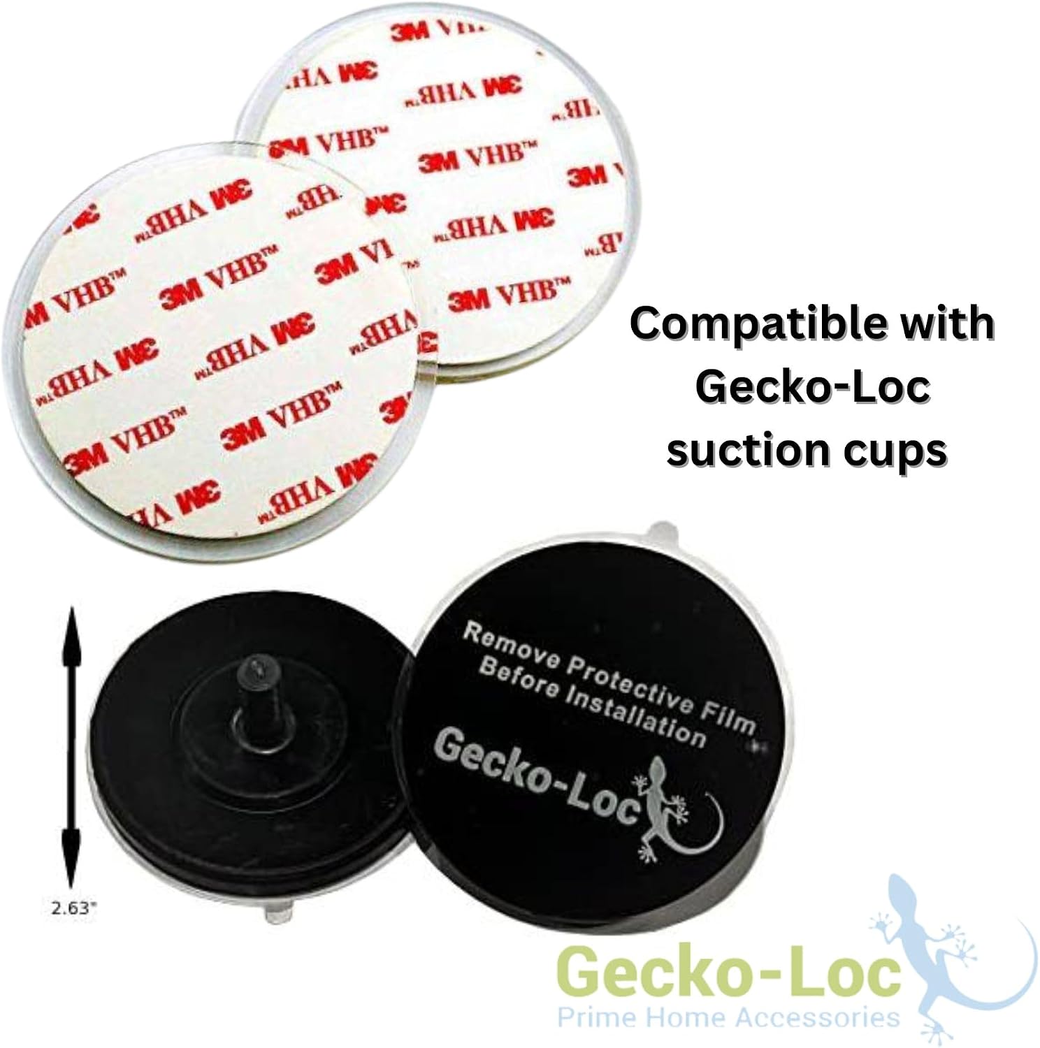 Gecko-Loc Brand Clear Acrylic Adhesive Disk 1 Side Sticky Pad for Mounting Suction Cup - Works with Sanno, ipegtop, slideep & ARCCI Shower Caddy Baskets & Shelves - 2 Pack 2.85" Diameter