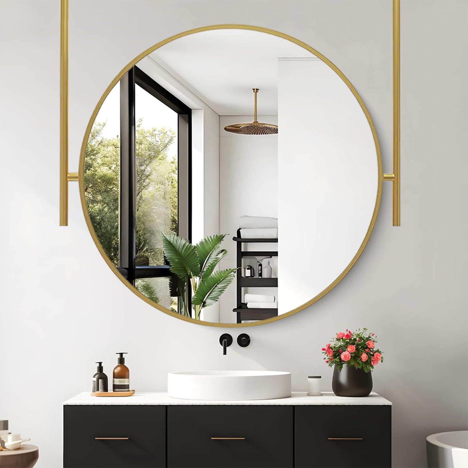 WJFTODAY Gold Round Bathroom Mirror - 27.6" Wall-Mounted Vanity Mirror, Metal Framed Hanging Shaving & Makeup Mirror for Living Room, Bedroom, Entryway Decor