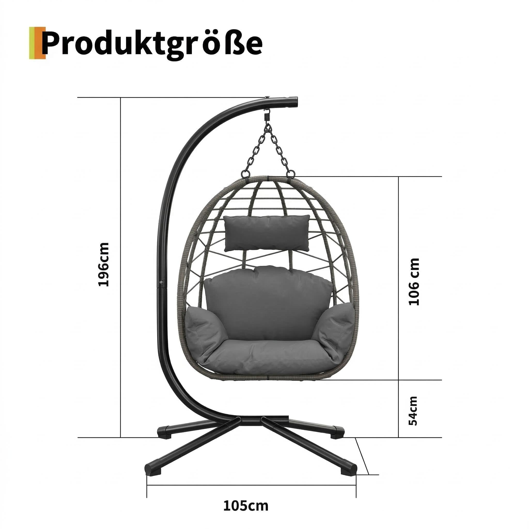 Faltbarer Hängesessel mit Gestell – Wetterfestes PE-Rattan, inkl. Staubschutzhaube & Kissen, ergonomisch & einfach zu montieren – Für Garten, Balkon, Terrasse – Belastbar bis 150kg – Graues