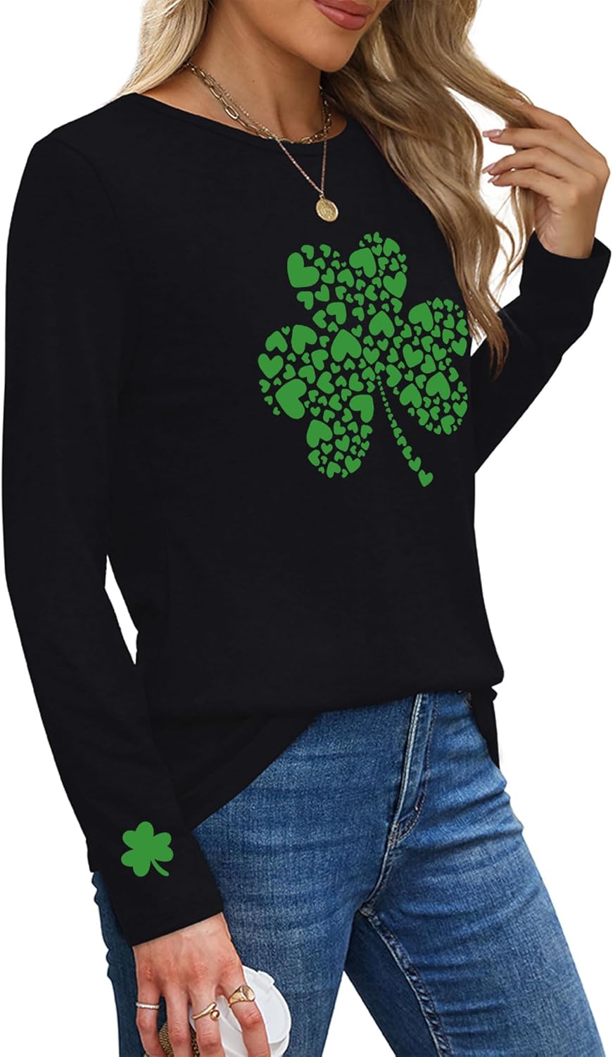 St. Patrick's Day Shirts Long Sleeve Cute Hearts Shamrock Clover Print Casual Lucky Irish Lightweight Crewneck Tee Tops - Image 4