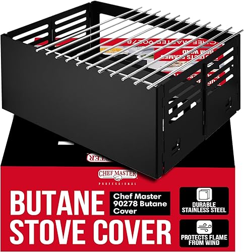 Chef Master Cubierta para Estufa de Butano - Ajuste Universal para Cualquier Tamaño Estándar - Protector de Viento Plegable de Acero Negro Premium