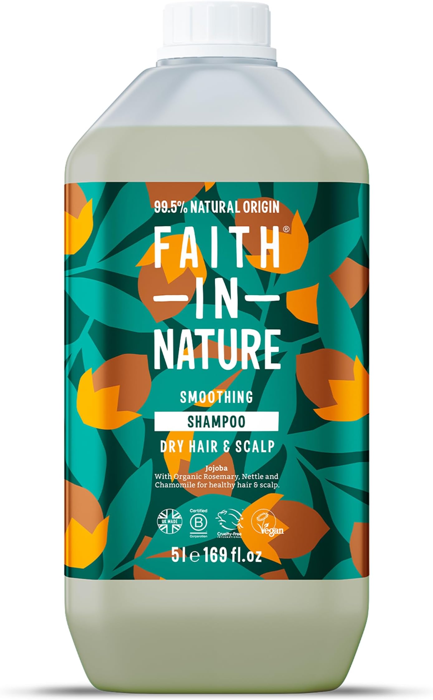 Faith in Nature Natürliches Jojoba Shampoo, Glättend, Vegan & Ohne Tierversuche, Frei von Parabenen und SLS, für Normales bis Trockenes Haar, 5 L Nachfüllpackung